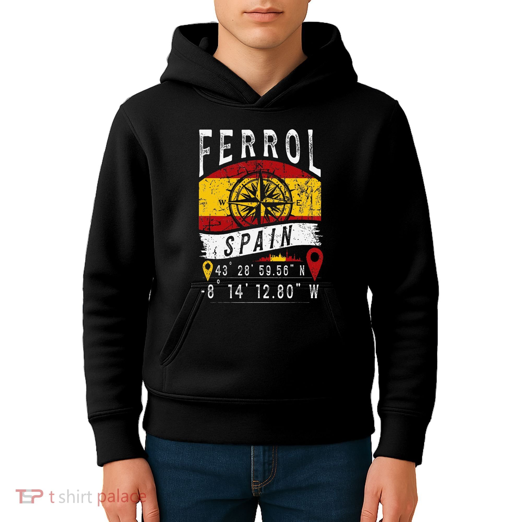 Ferrol Spain Flag Gps Coordinates Of Ferrol Kids Hoodie