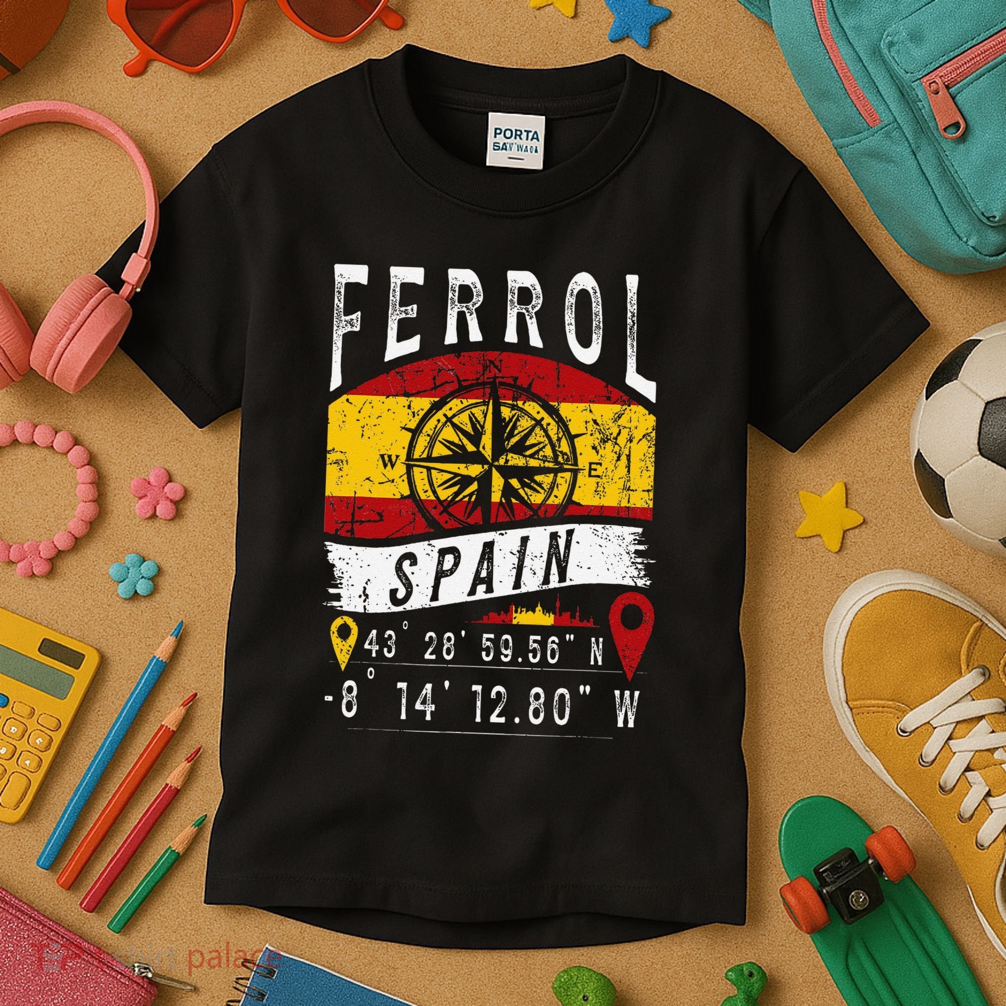 Ferrol Spain Flag Gps Coordinates Of Ferrol Kids T-Shirt