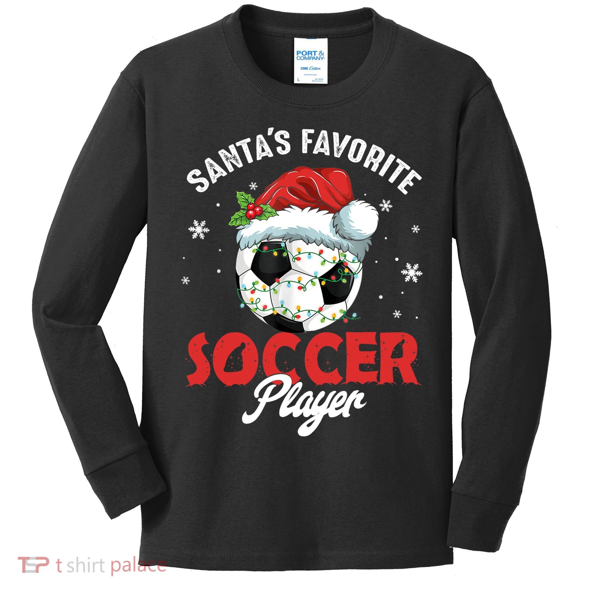 Funny Santa's Favorite Soccer Player Christmas Pajama TShirt Kids Long Sleeve Shirt
