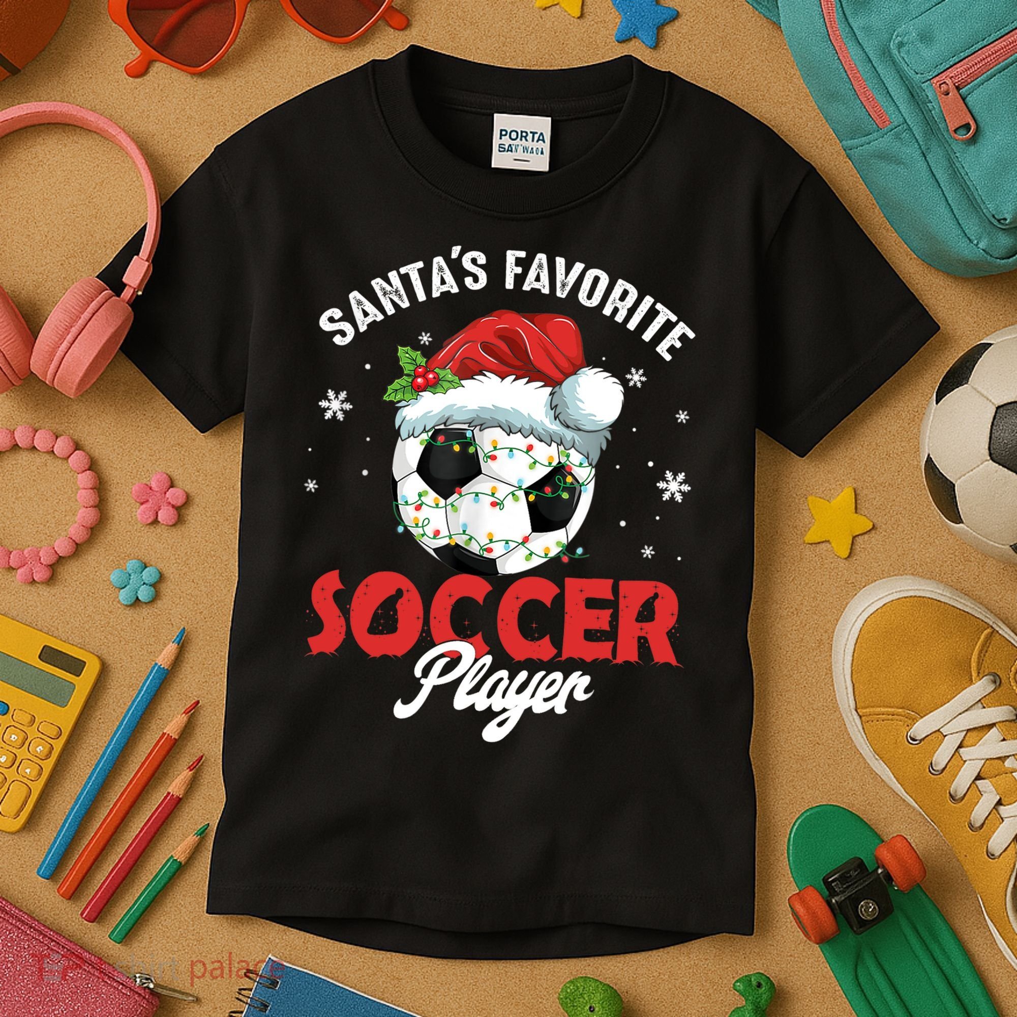 Funny Santa's Favorite Soccer Player Christmas Pajama TShirt Kids T-Shirt