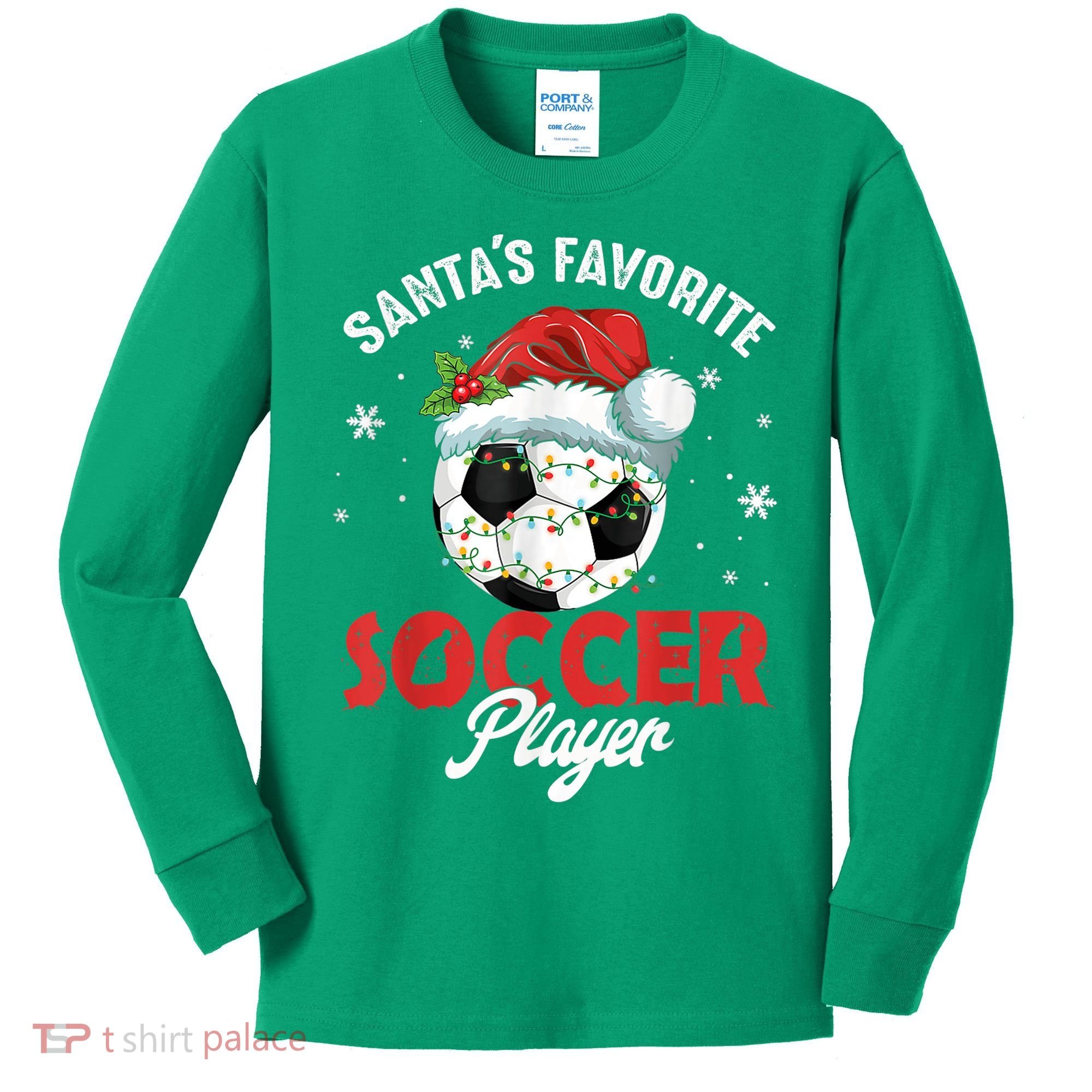 Funny Santa's Favorite Soccer Player Christmas Pajama Kids Long Sleeve Shirt