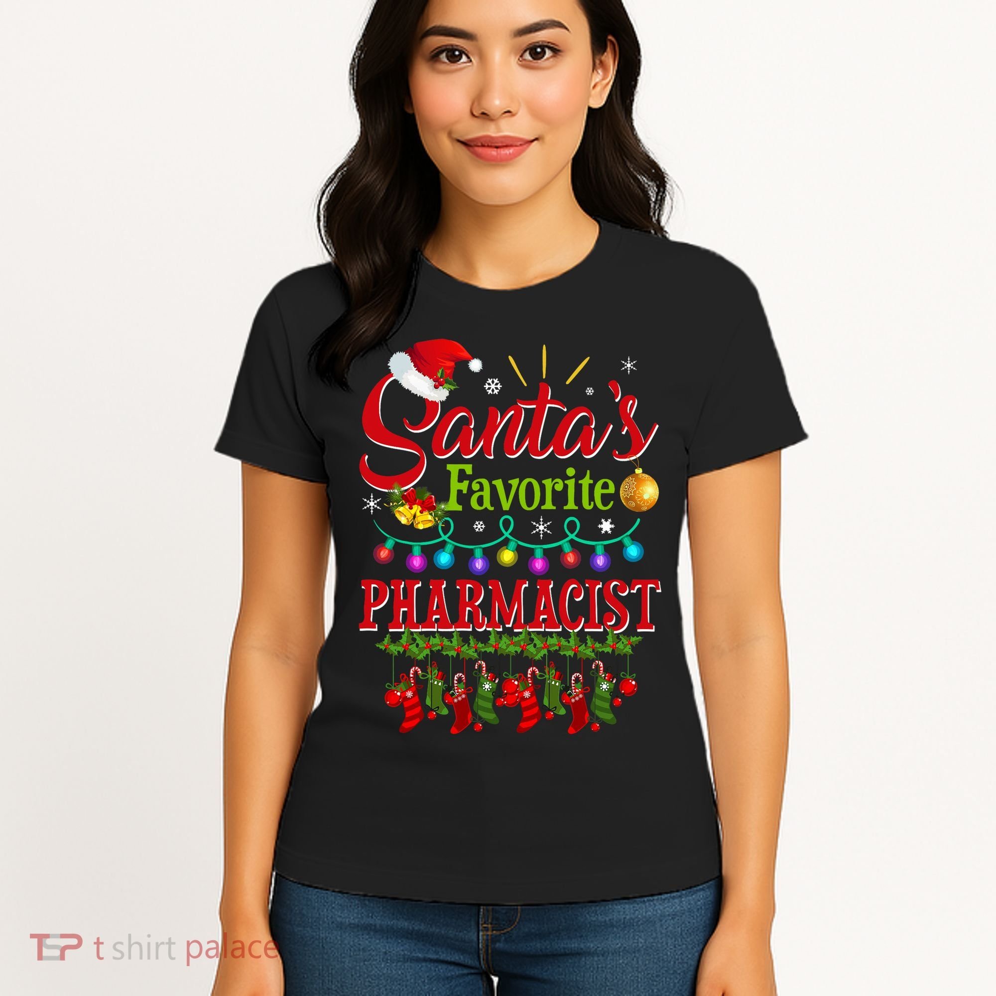 Funny SantaS Favorite Pharmacist Christmas Santa Hat Light Women's T-Shirt