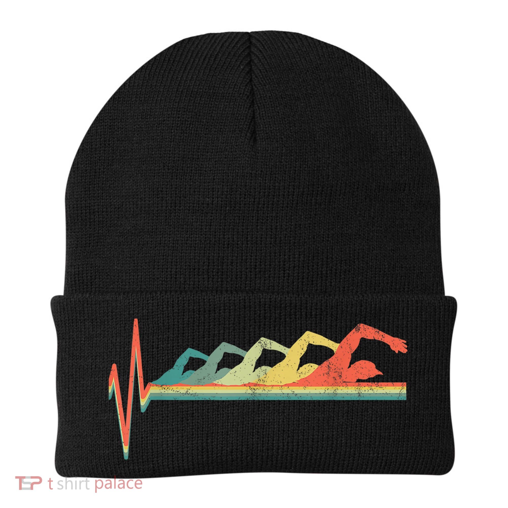 Funny Swimming Gift Swimmer Heartbeat Retro Gift Beanie