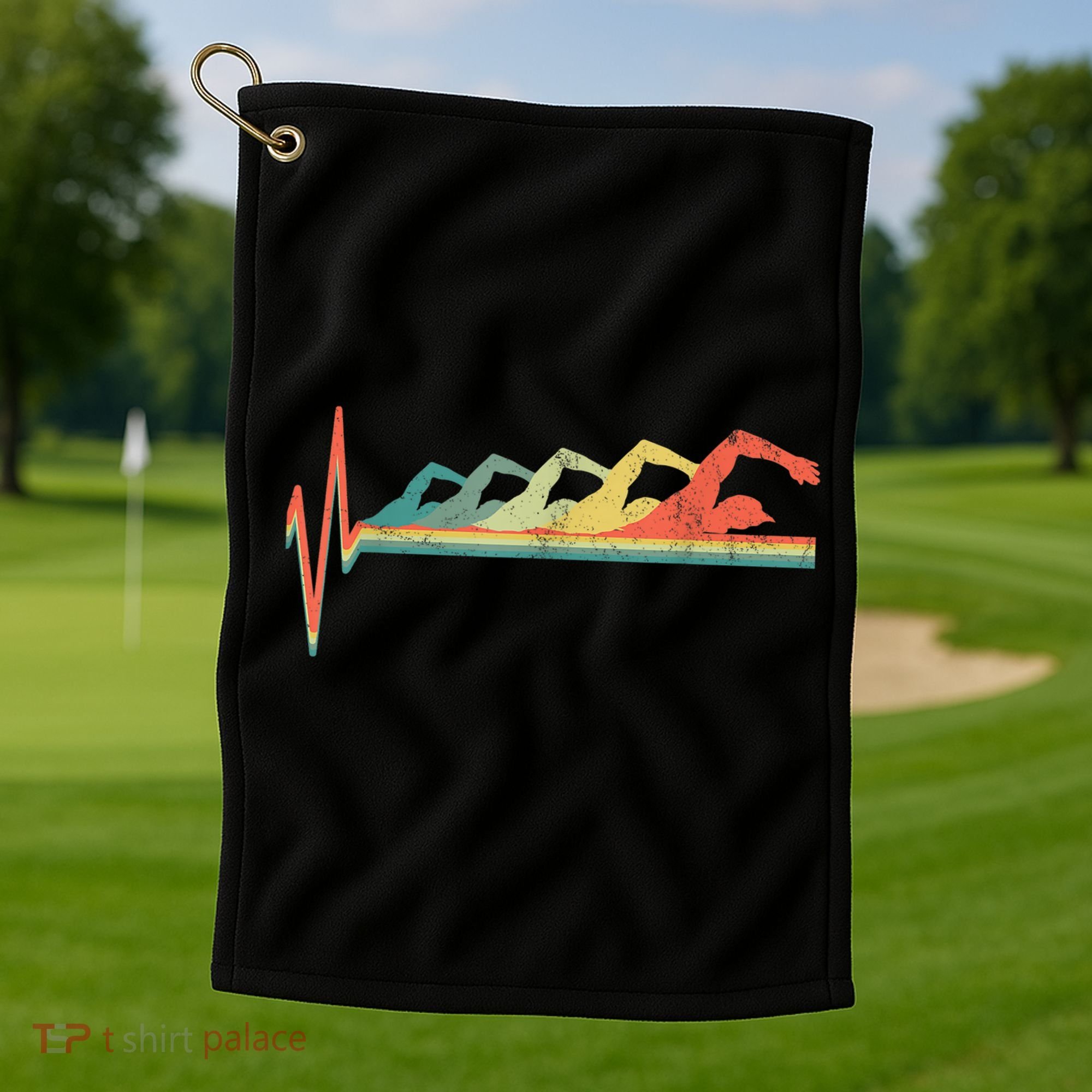 Funny Swimming Gift Swimmer Heartbeat Retro Gift Golf Towel