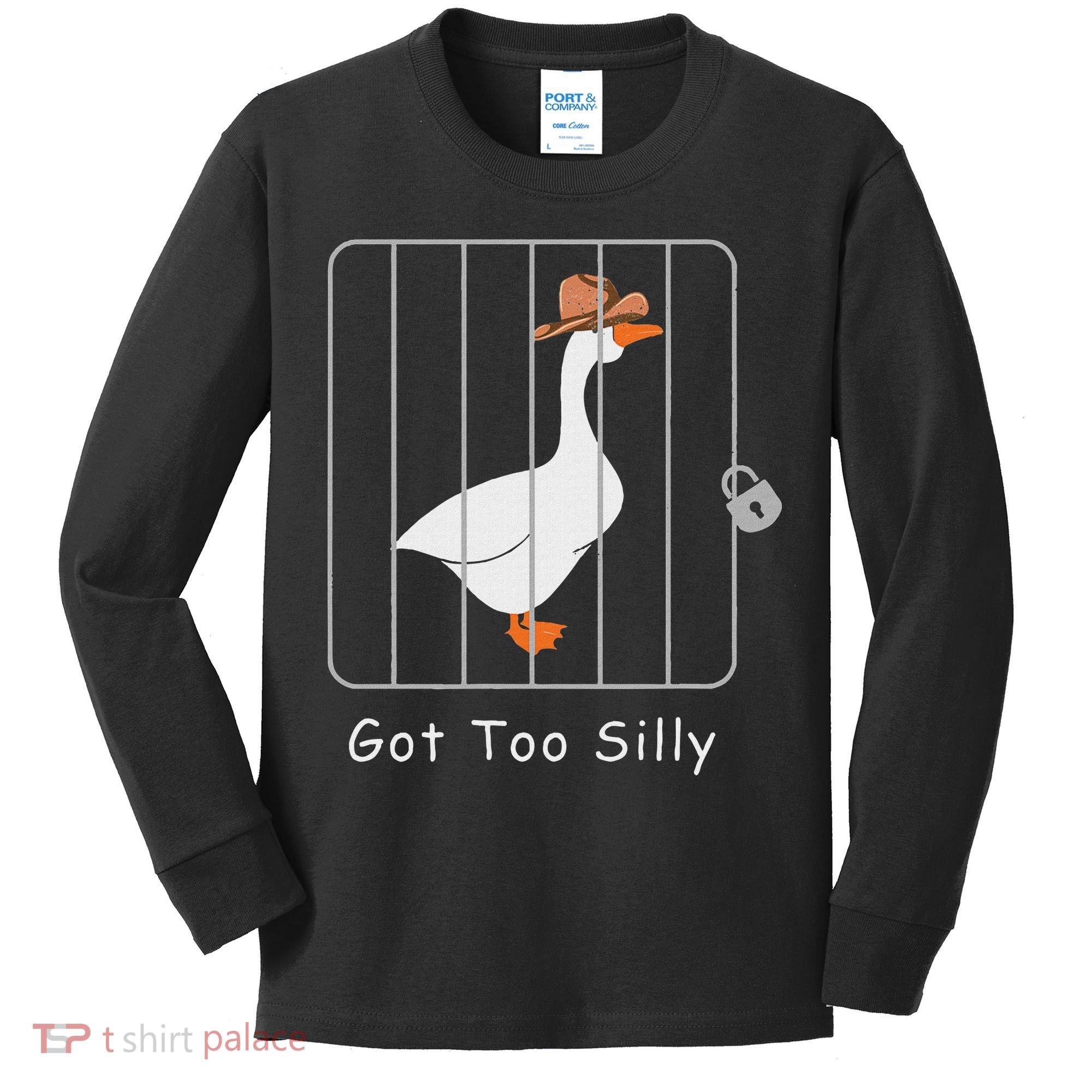 Funny Silly Goose Lover Mugshot Meme Got Too Silly Kids Long Sleeve Shirt