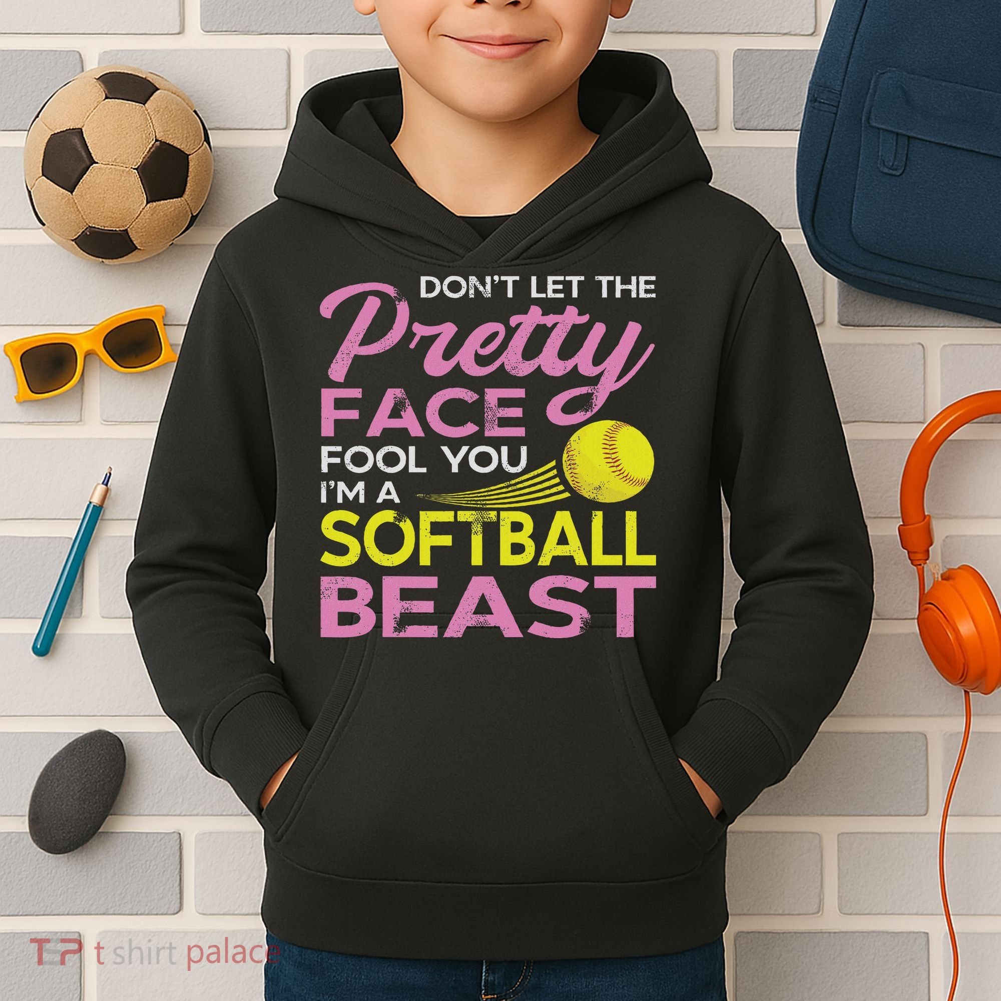 Funny Softball Girl With Pretty Face Kids Hoodie