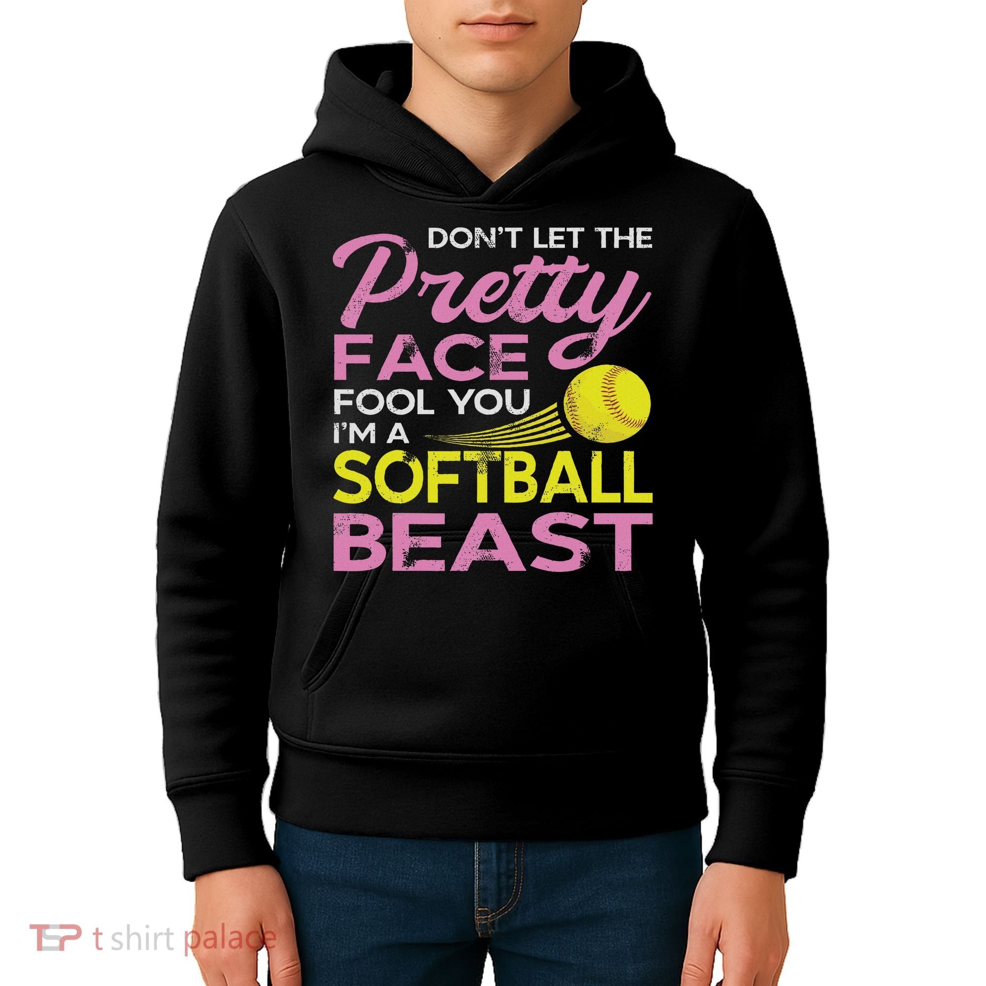 Funny Softball Girl With Pretty Face Kids Hoodie