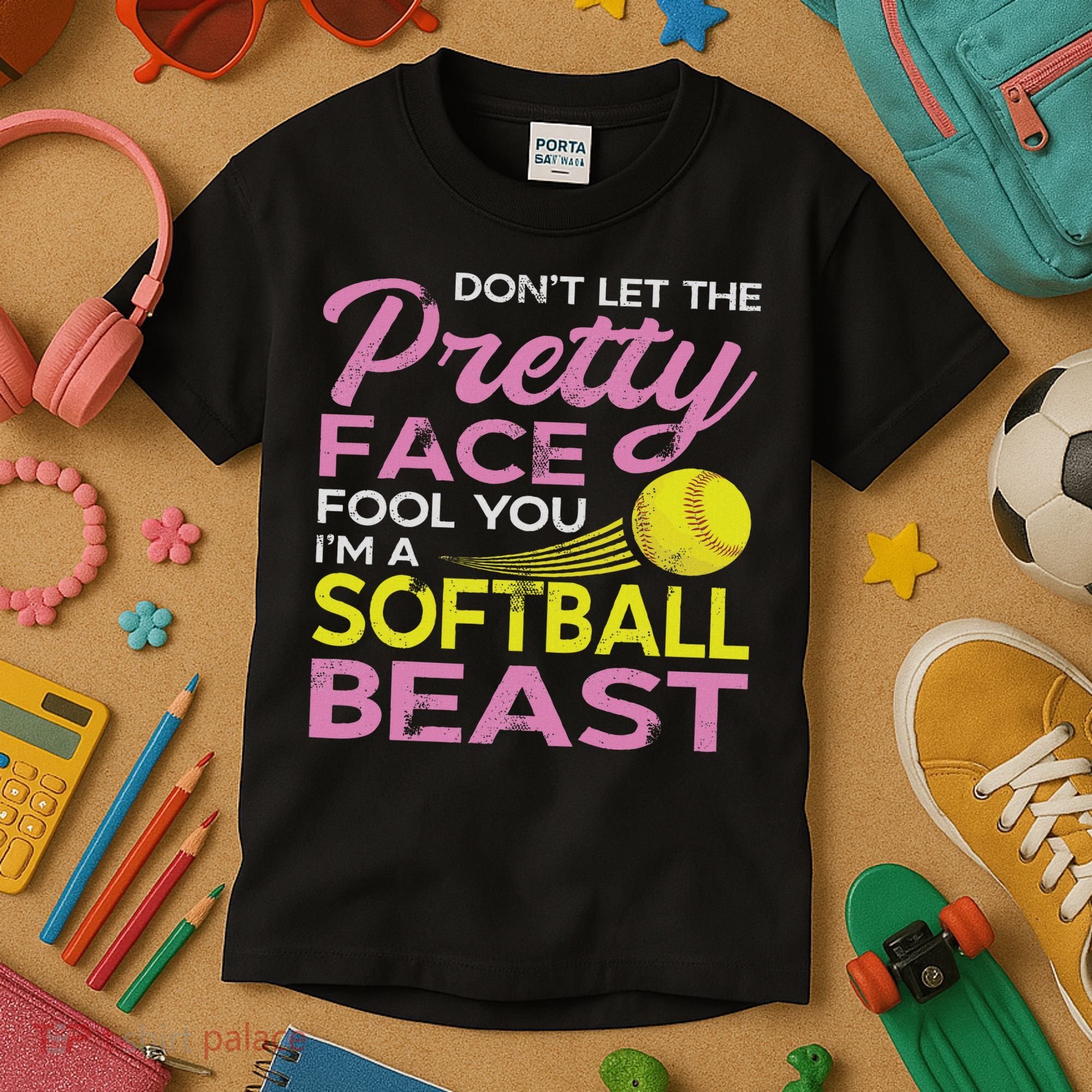 Funny Softball Girl With Pretty Face Kids T-Shirt