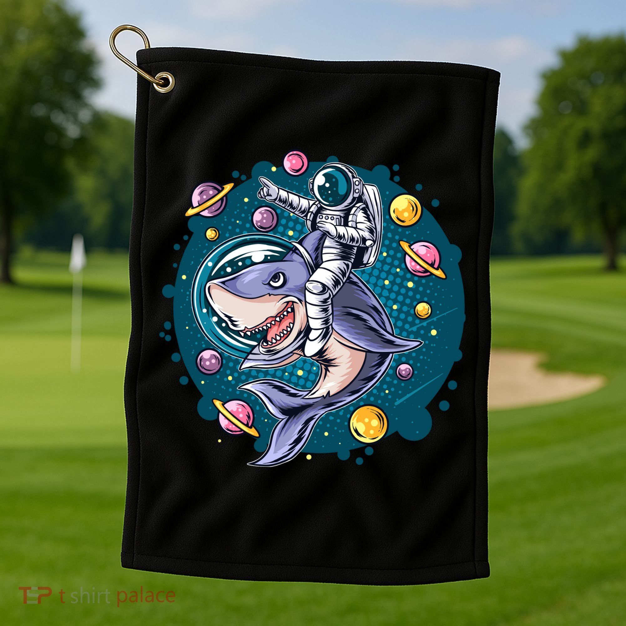Funny Space Galaxy Astronaut Shark Golf Towel