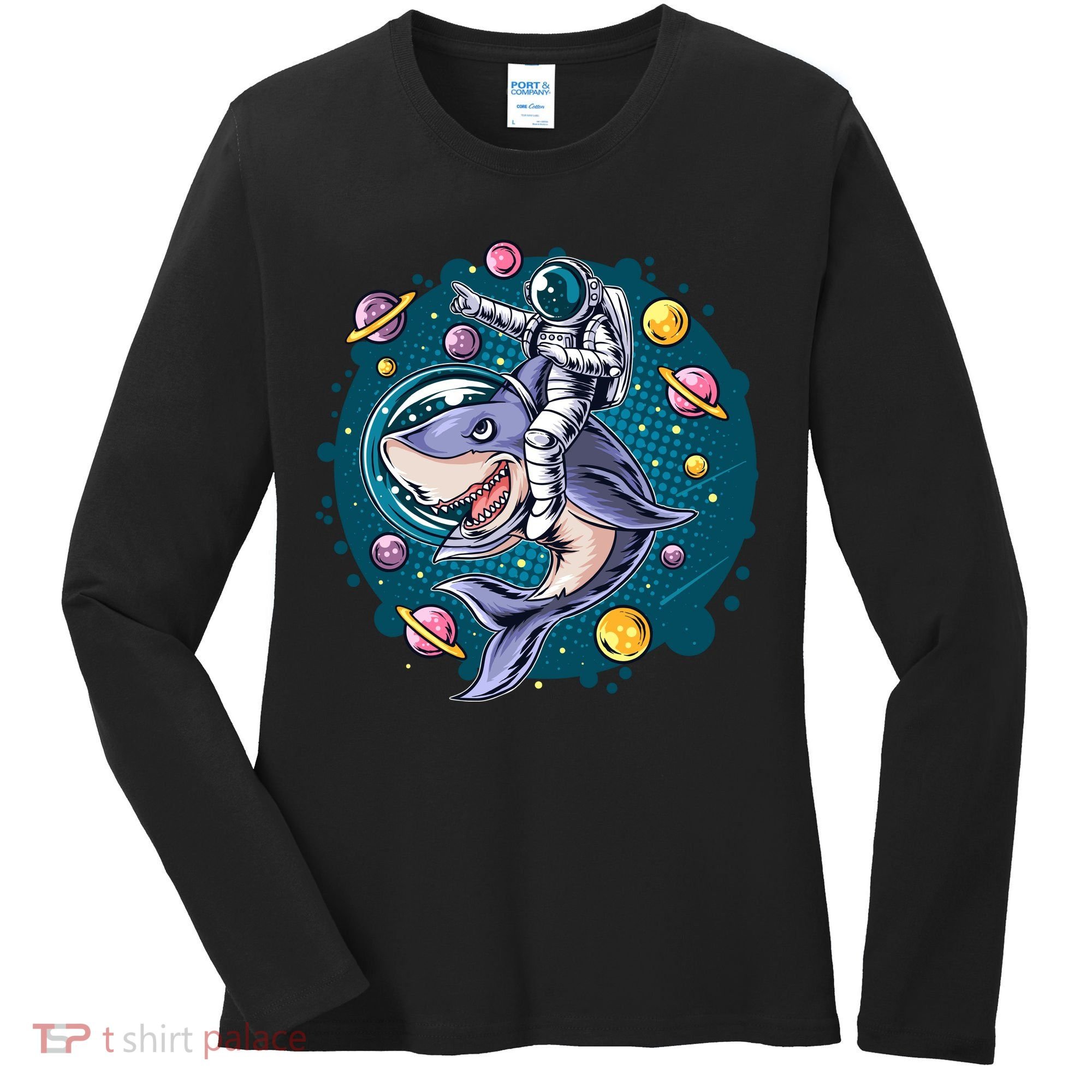 Funny Space Galaxy Astronaut Shark Women's Long Sleeve Shirt