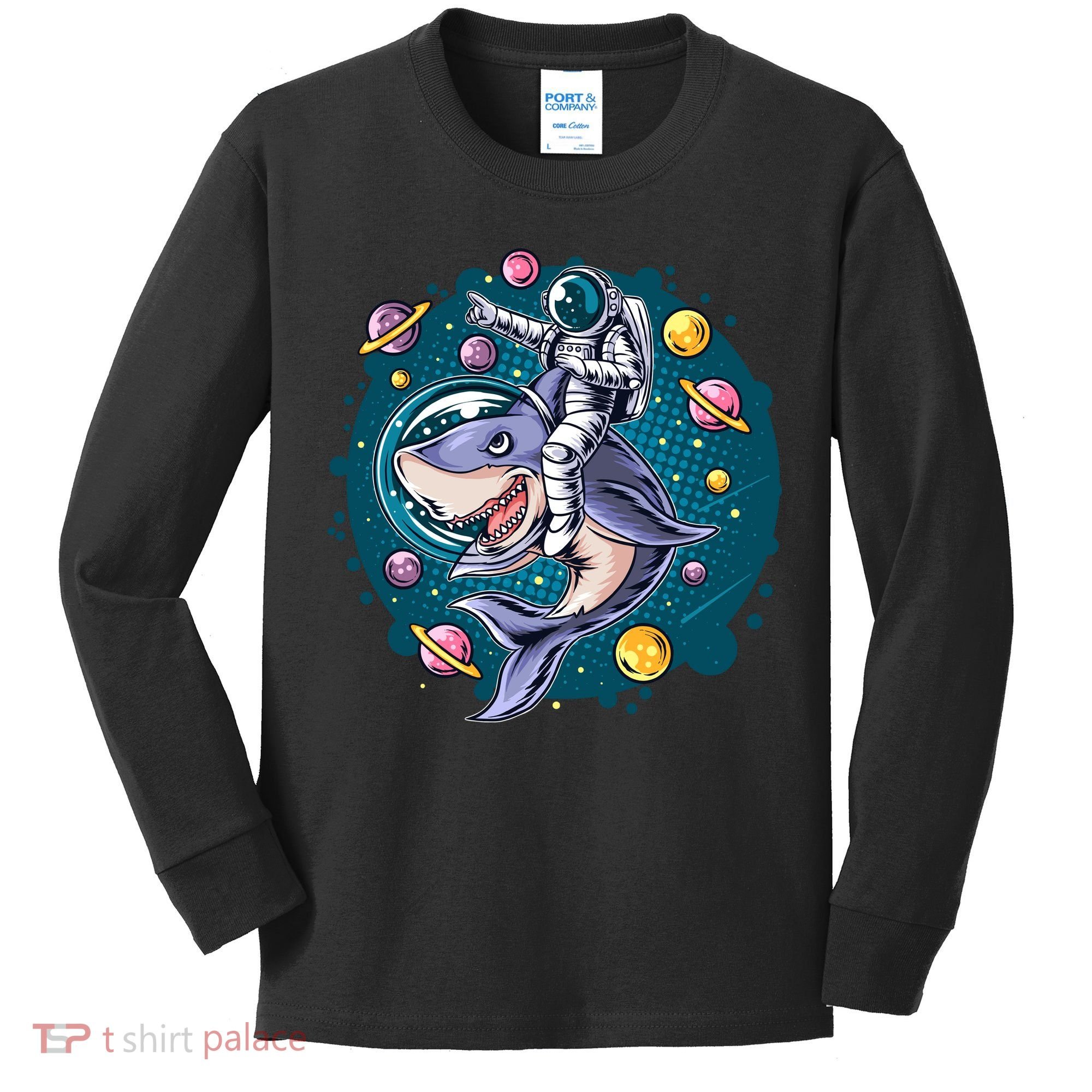 Funny Space Galaxy Astronaut Shark Kids Long Sleeve Shirt