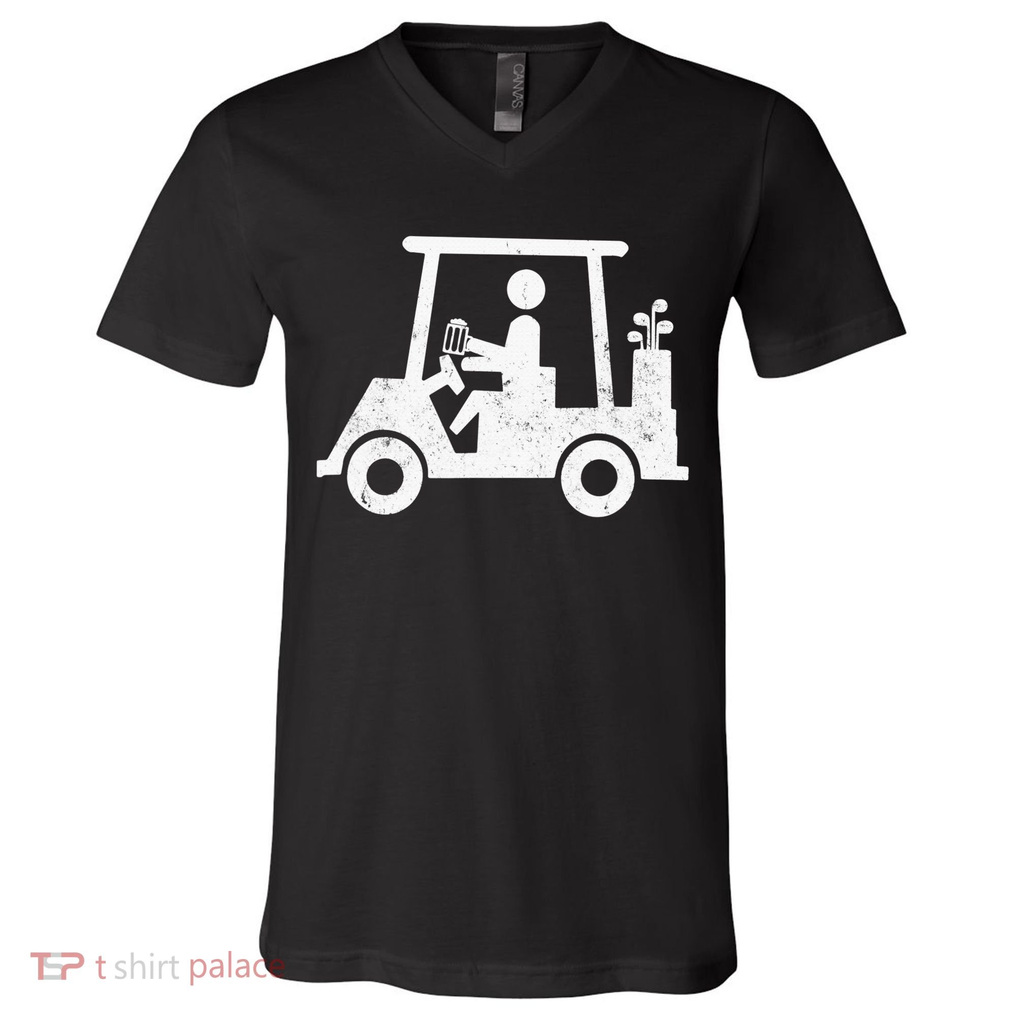 Funny Skeleton Golfer Holding A Beer in Golf Cart V-Neck T-Shirt