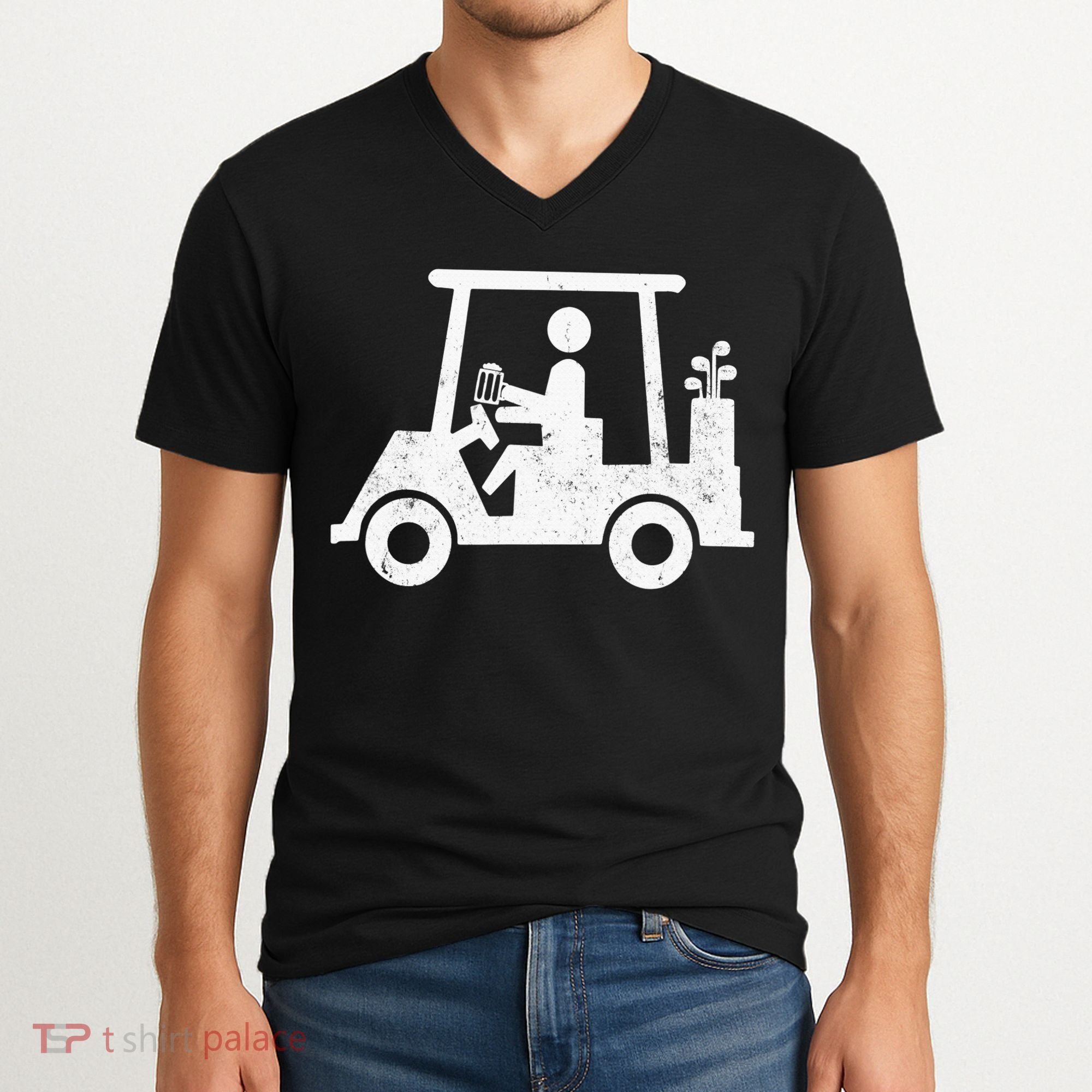 Funny Skeleton Golfer Holding A Beer in Golf Cart V-Neck T-Shirt