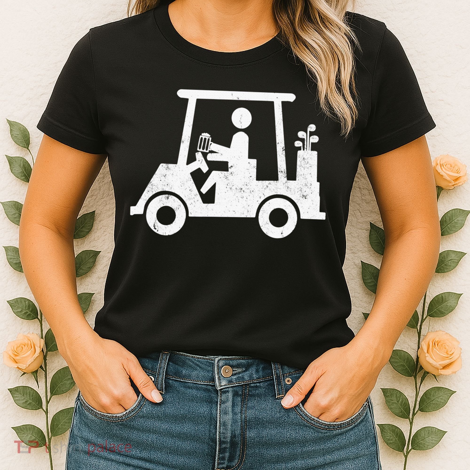 Funny Skeleton Golfer Holding A Beer in Golf Cart Women's T-Shirt