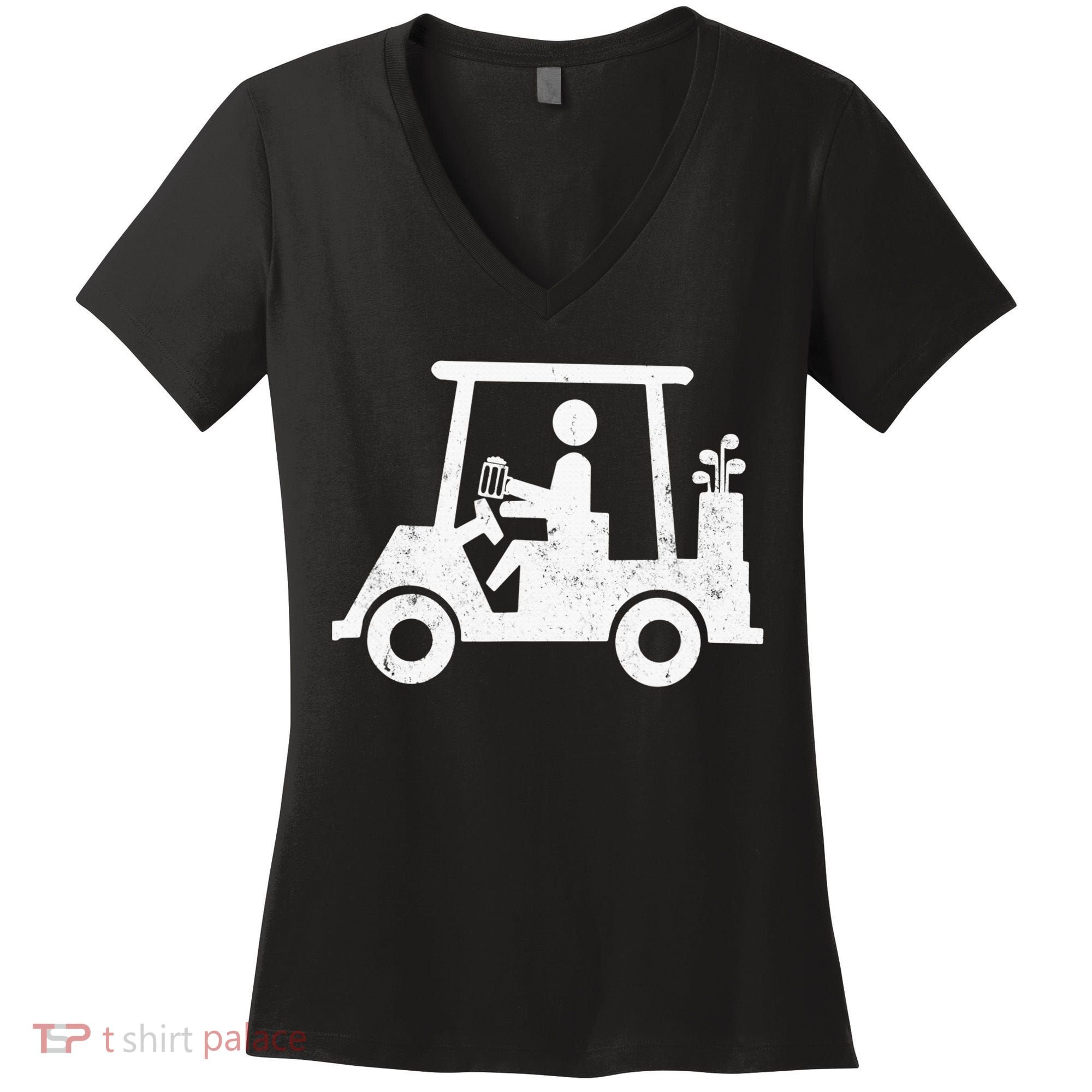 Funny Skeleton Golfer Holding A Beer in Golf Cart Women's V-Neck T-Shirt