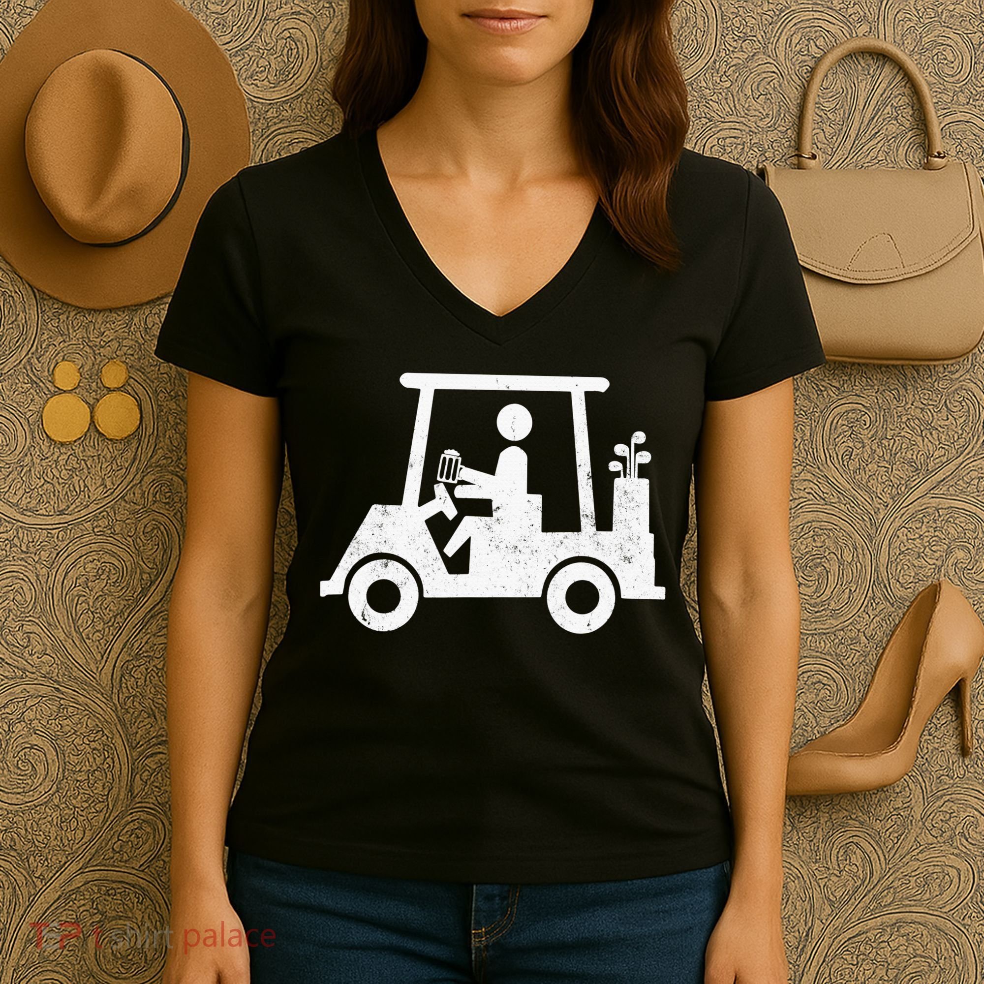 Funny Skeleton Golfer Holding A Beer in Golf Cart Women's V-Neck T-Shirt