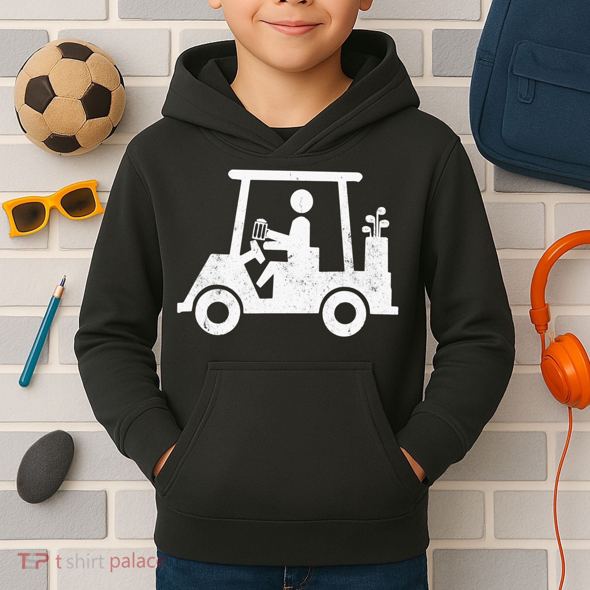 Funny Skeleton Golfer Holding A Beer in Golf Cart Kids Hoodie