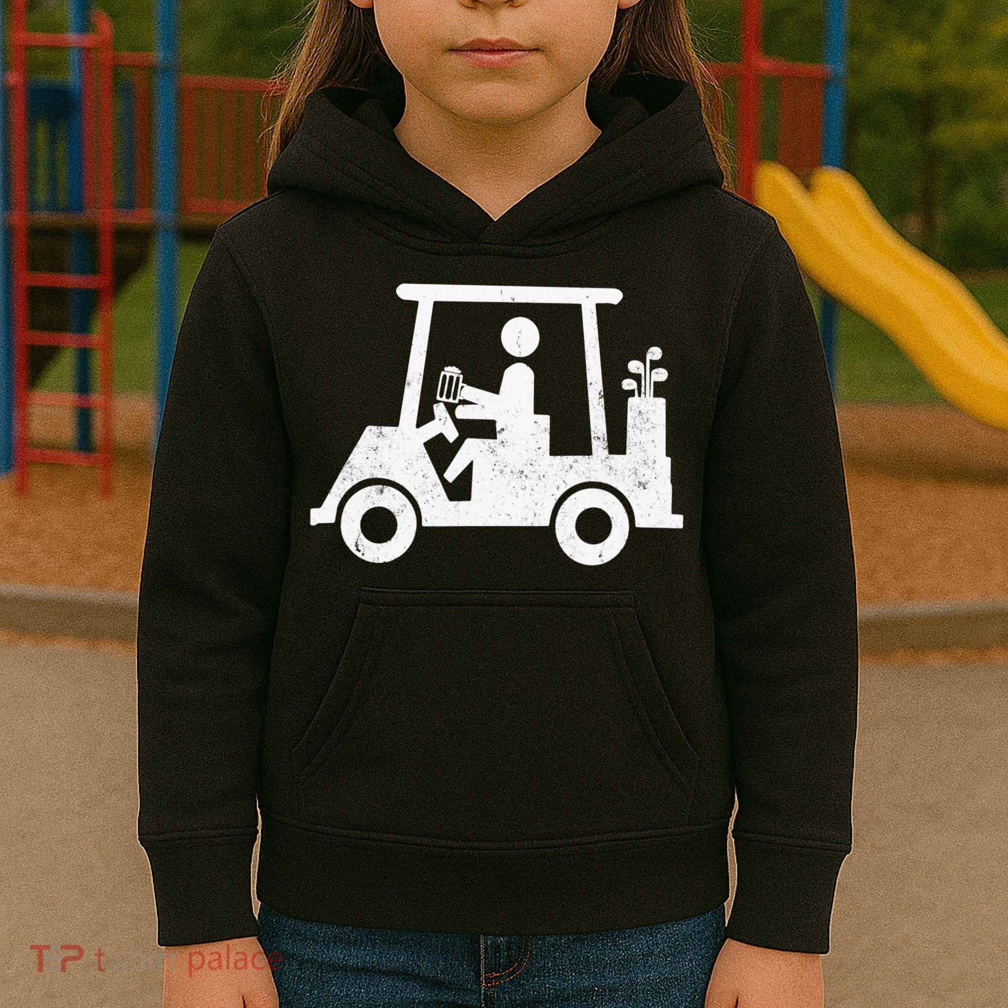 Funny Skeleton Golfer Holding A Beer in Golf Cart Kids Hoodie
