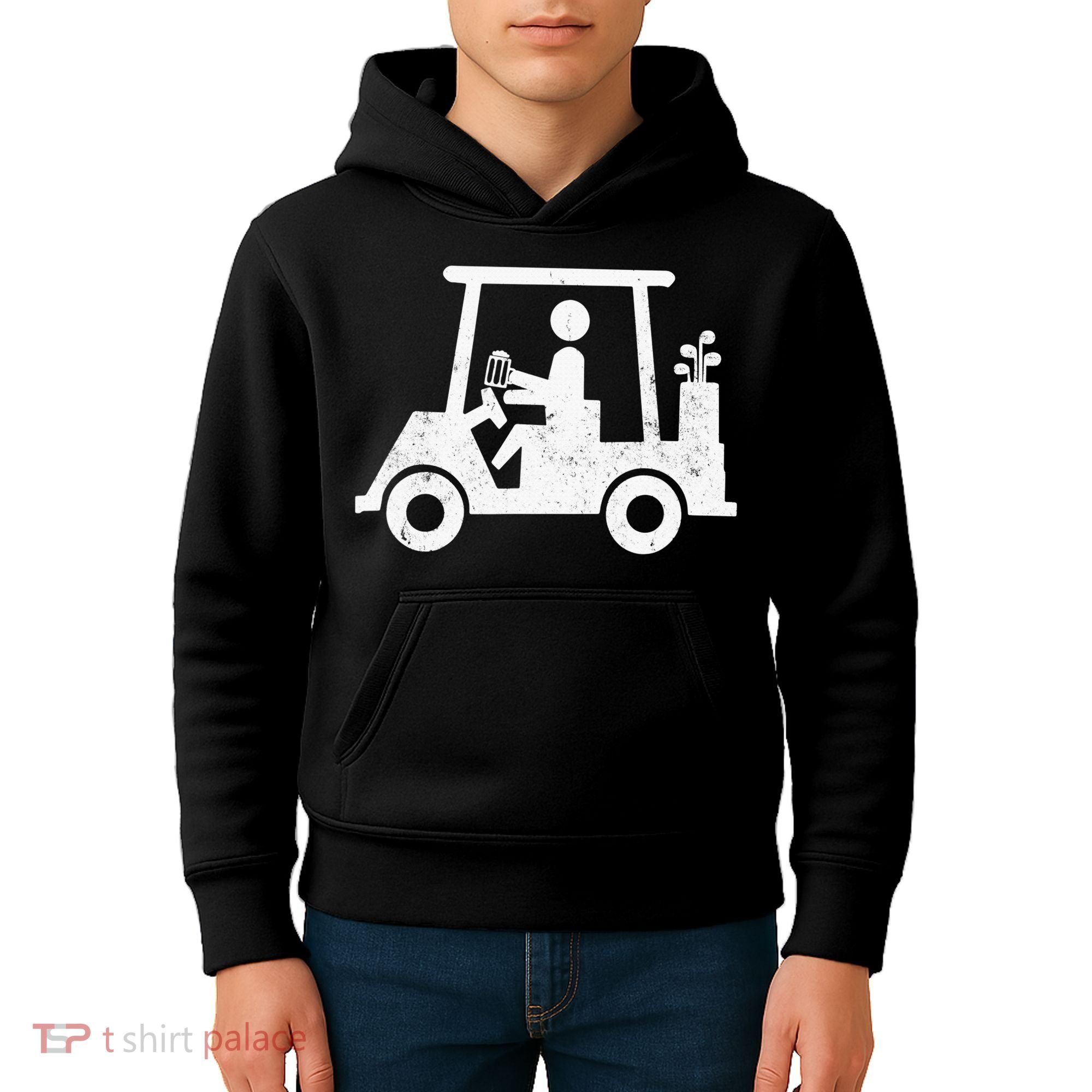 Funny Skeleton Golfer Holding A Beer in Golf Cart Kids Hoodie