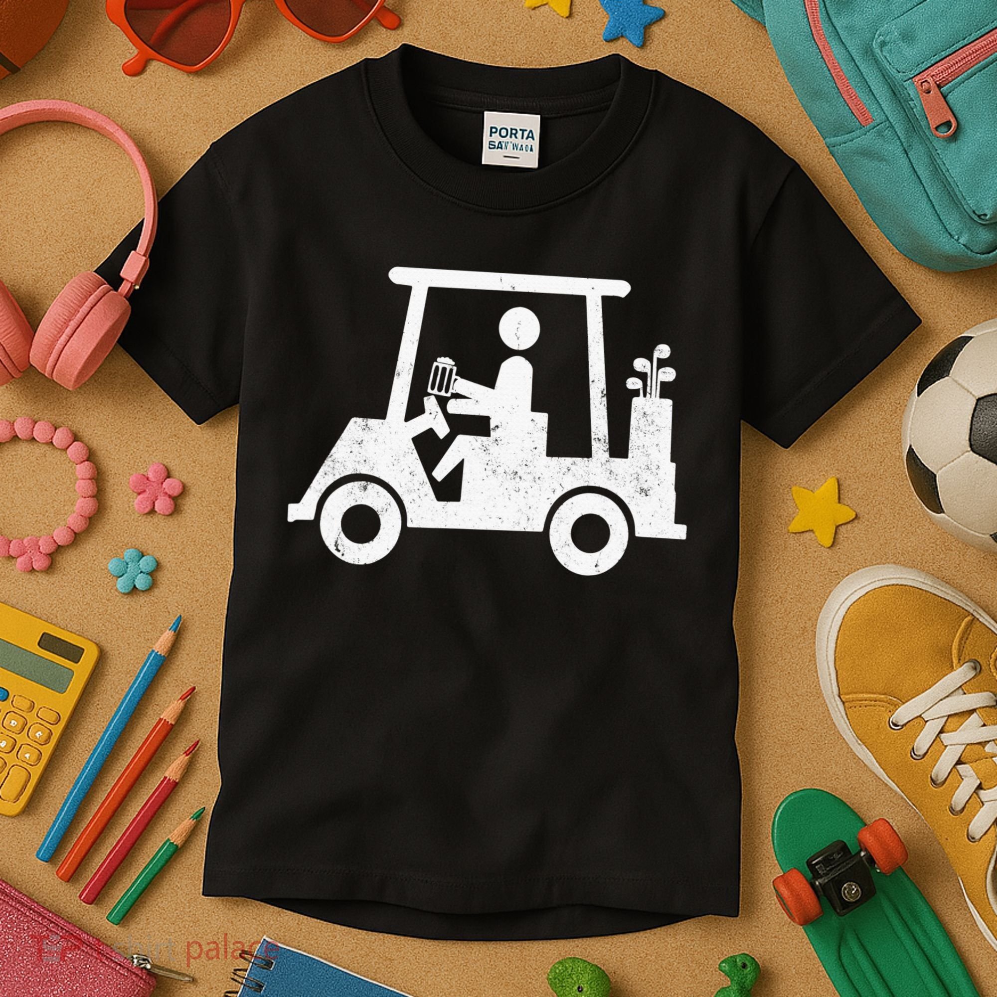 Funny Skeleton Golfer Holding A Beer in Golf Cart Kids T-Shirt