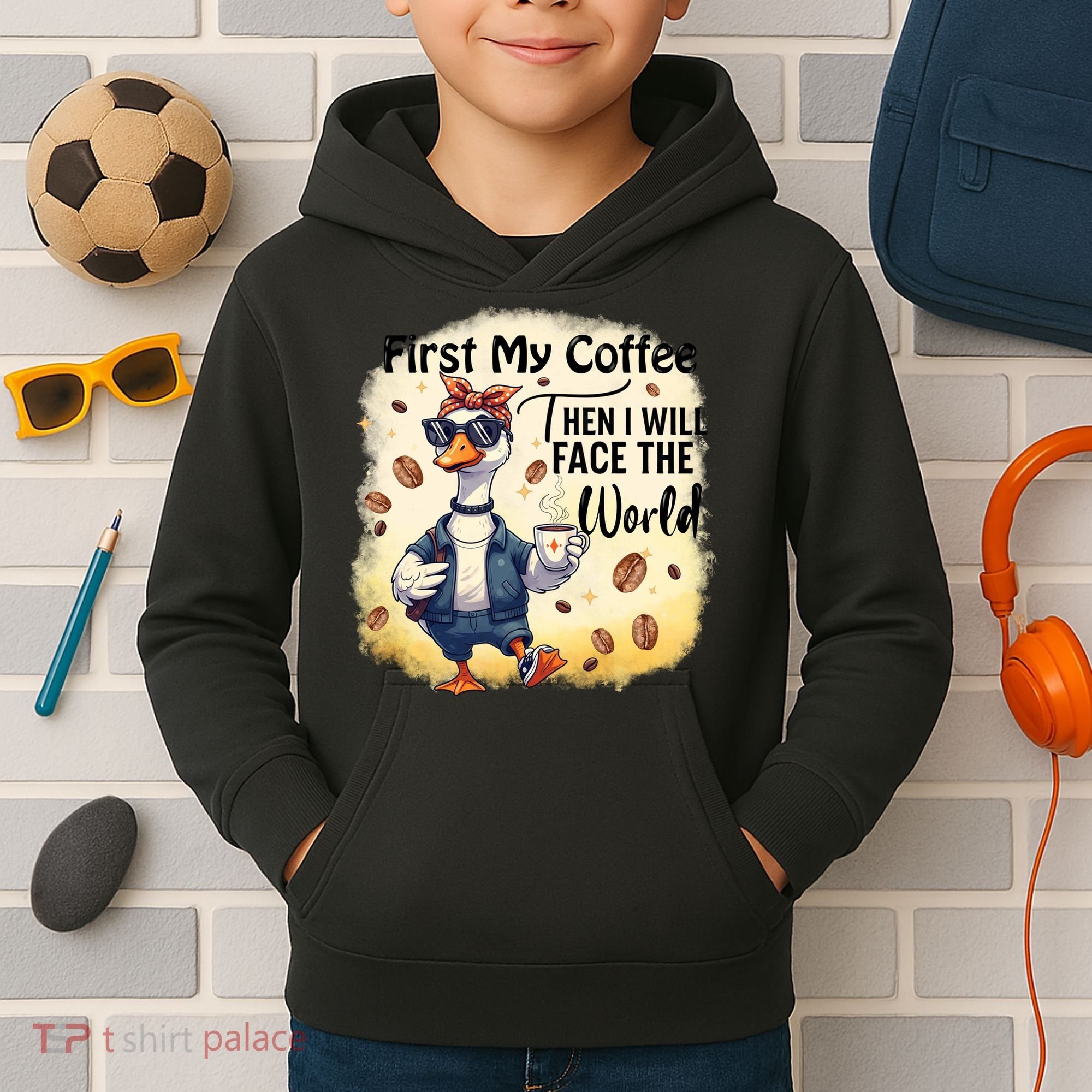 Funny Sarcastic Goose My Coffee Then Face The World Kids Hoodie