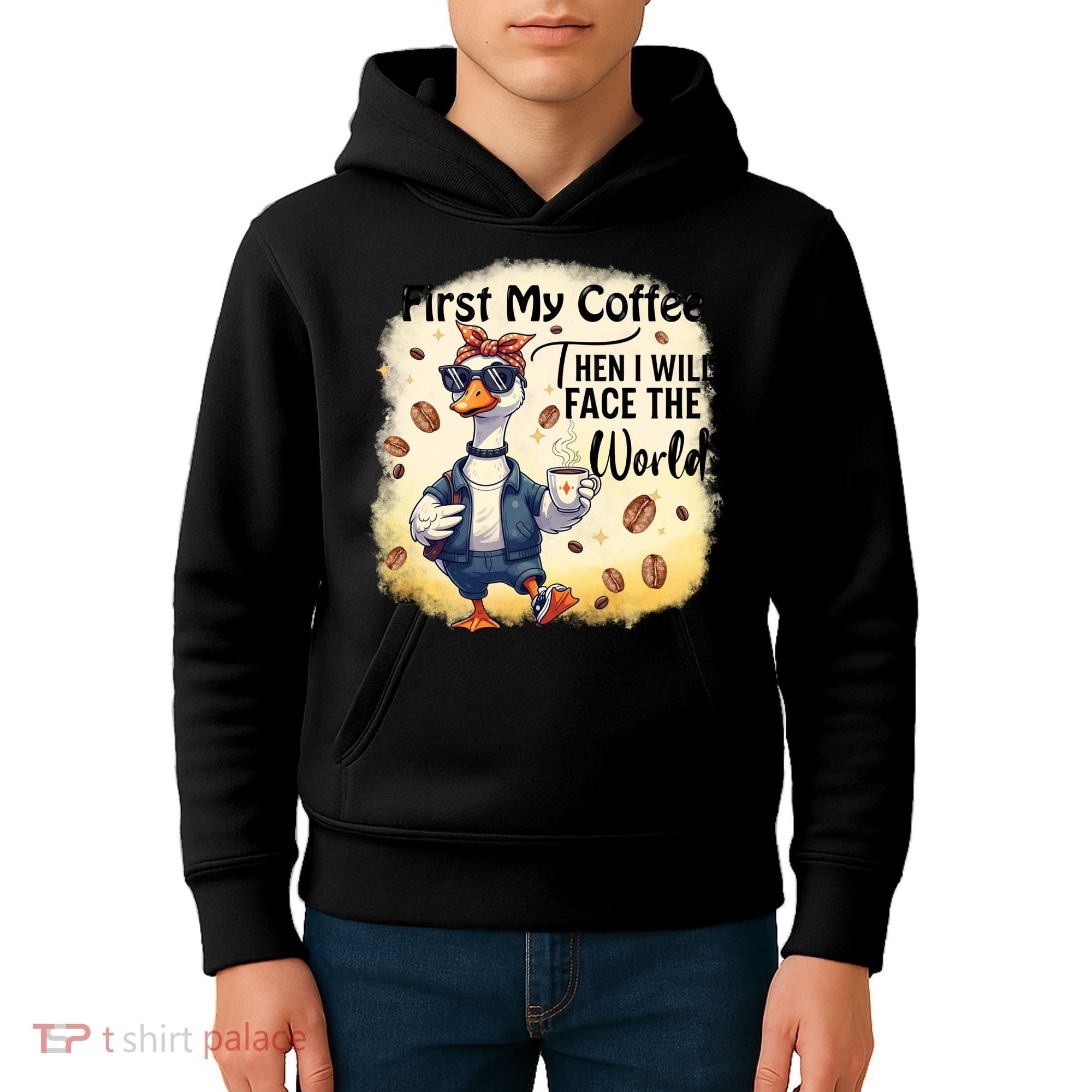 Funny Sarcastic Goose My Coffee Then Face The World Kids Hoodie