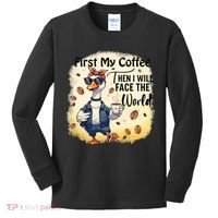 Funny Sarcastic Goose My Coffee Then Face The World Kids Long Sleeve Shirt thumb 0