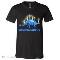 Funny Stegosaurus Hanukkah Dinosaur Menorah Dino V-Neck T-Shirt thumb 0