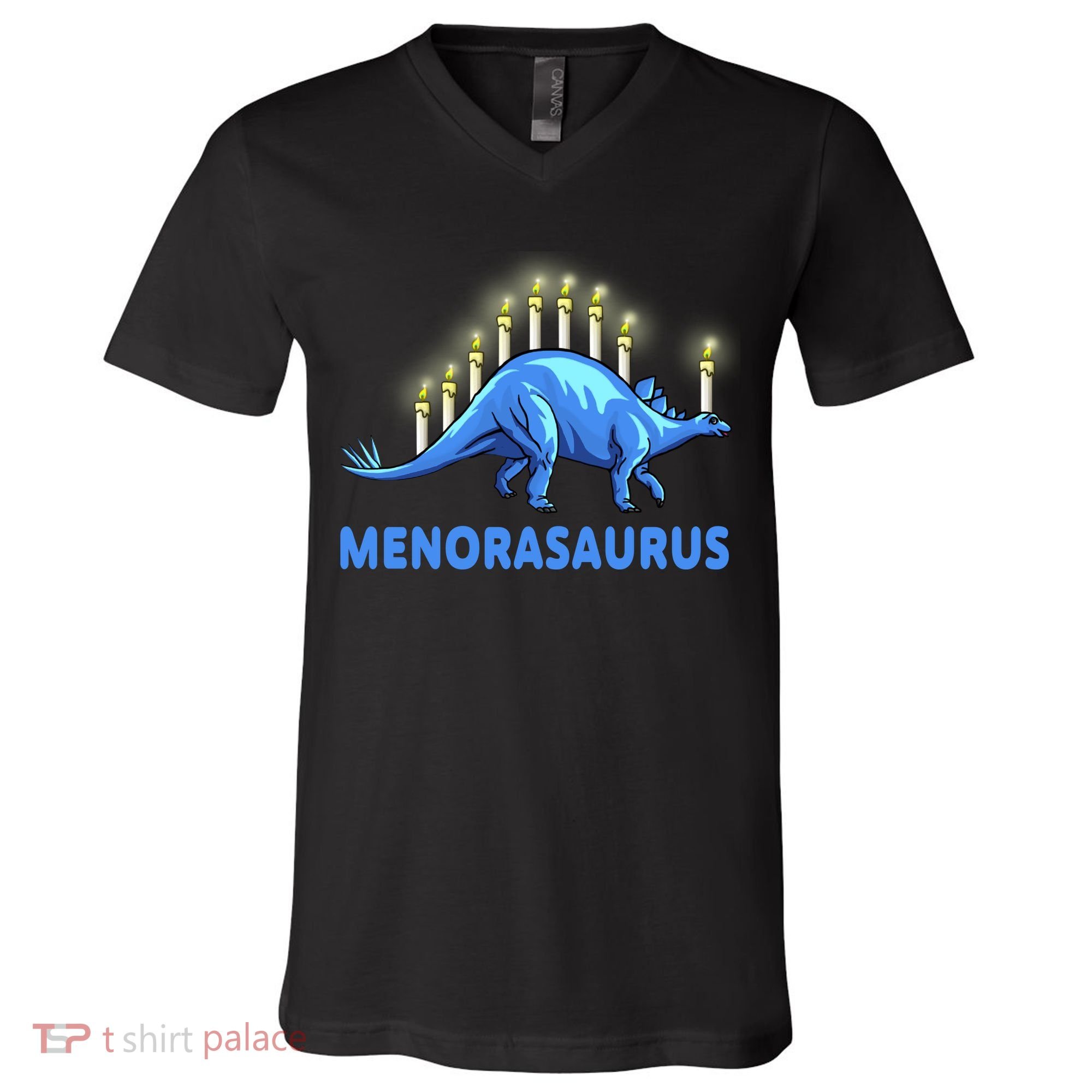 Funny Stegosaurus Hanukkah Dinosaur Menorah Dino V-Neck T-Shirt