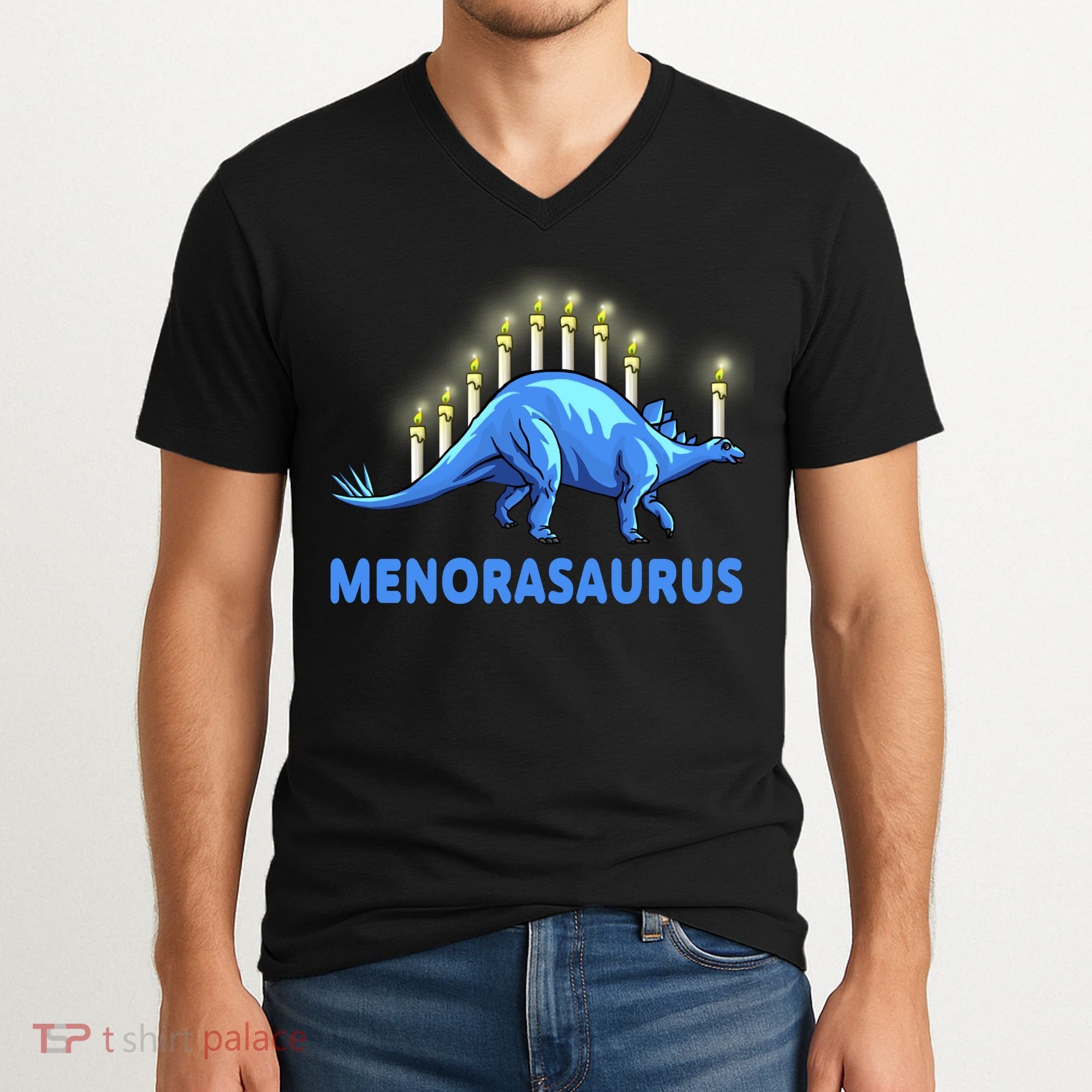 Funny Stegosaurus Hanukkah Dinosaur Menorah Dino V-Neck T-Shirt