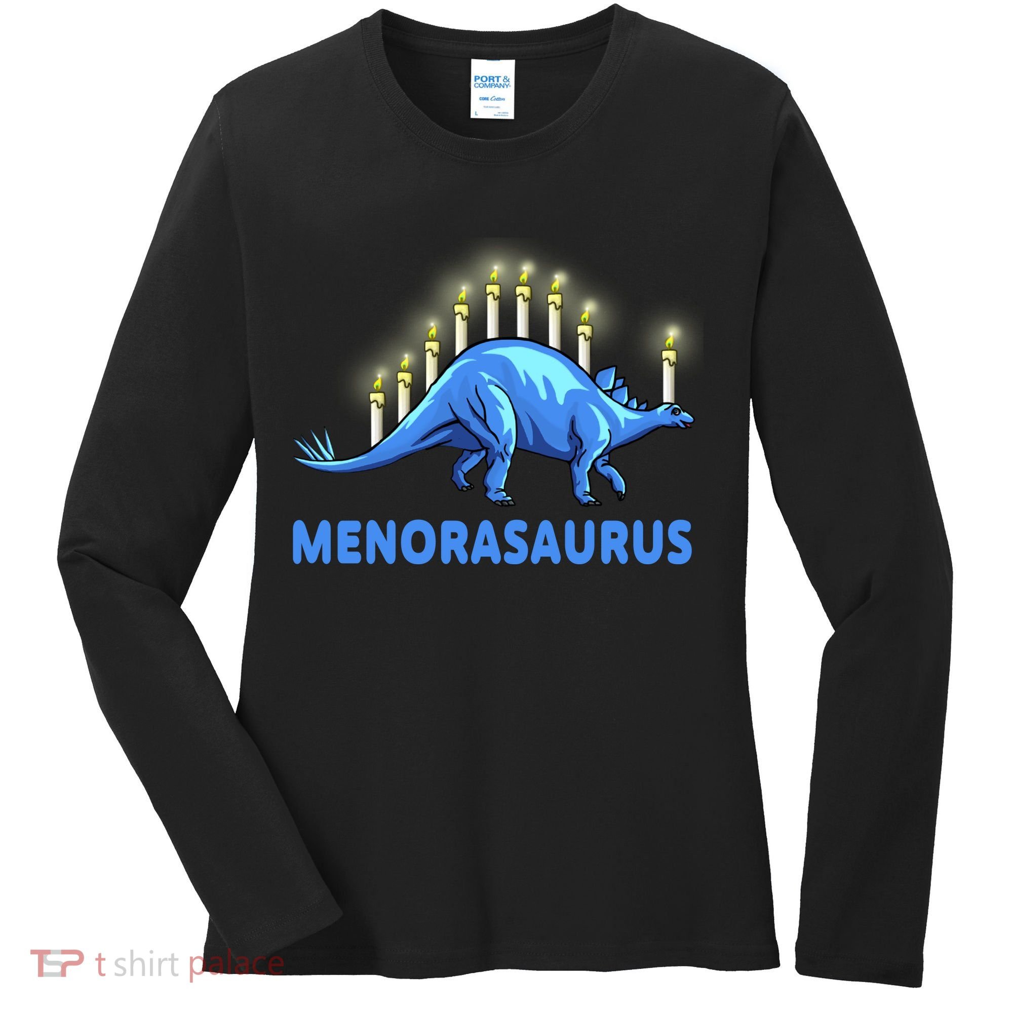 Funny Stegosaurus Hanukkah Dinosaur Menorah Dino Women's Long Sleeve Shirt