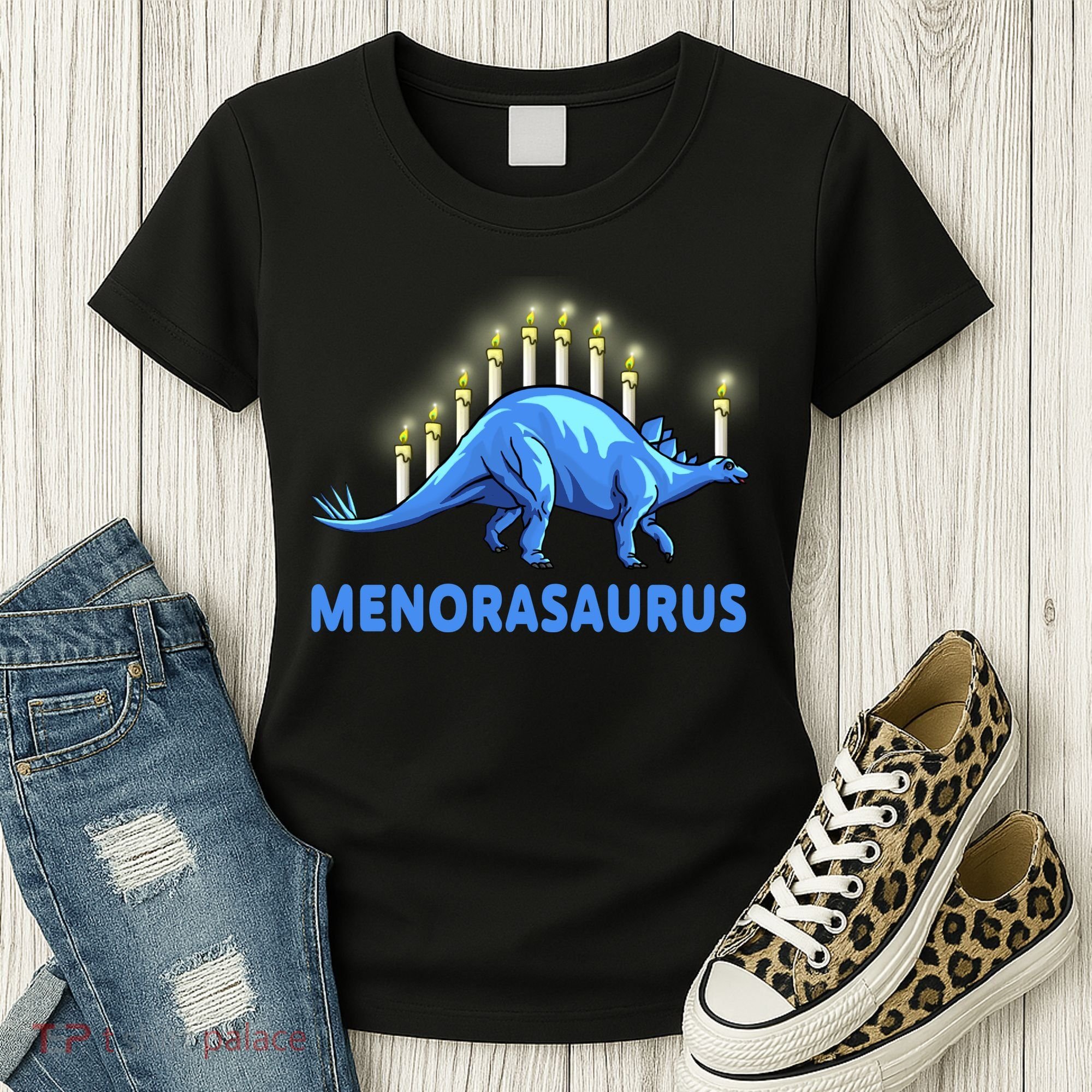 Funny Stegosaurus Hanukkah Dinosaur Menorah Dino Women's T-Shirt
