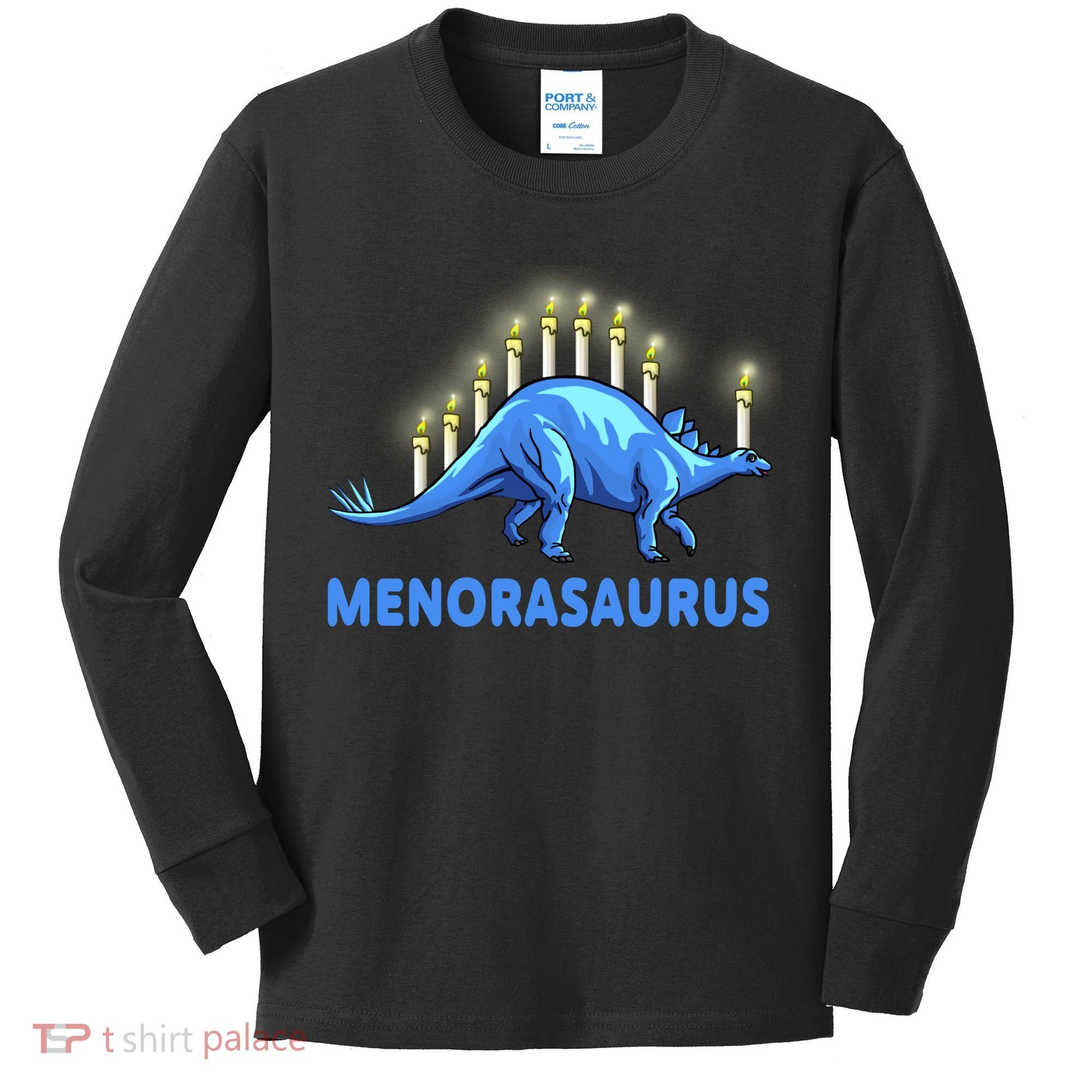 Funny Stegosaurus Hanukkah Dinosaur Menorah Dino Kids Long Sleeve Shirt