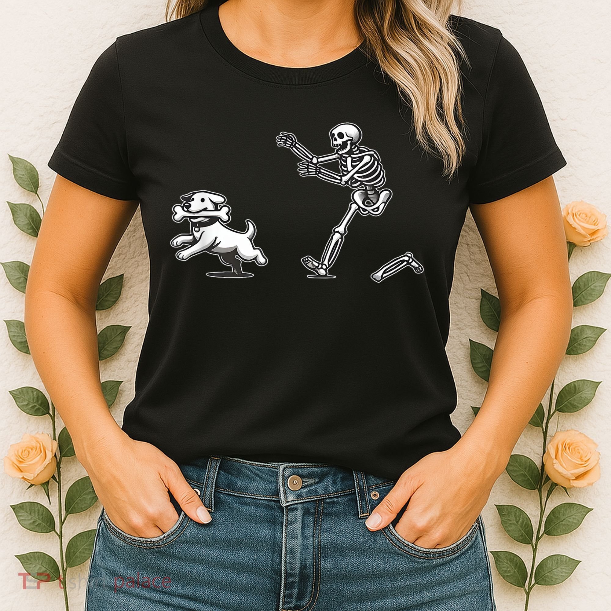 Funny Skeleton Halloween Dog Skeleton Chasing Dog Gift Women's T-Shirt
