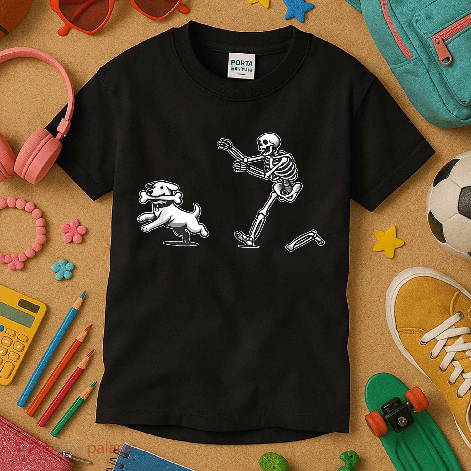 Funny Skeleton Halloween Dog Skeleton Chasing Dog Gift Kids T-Shirt