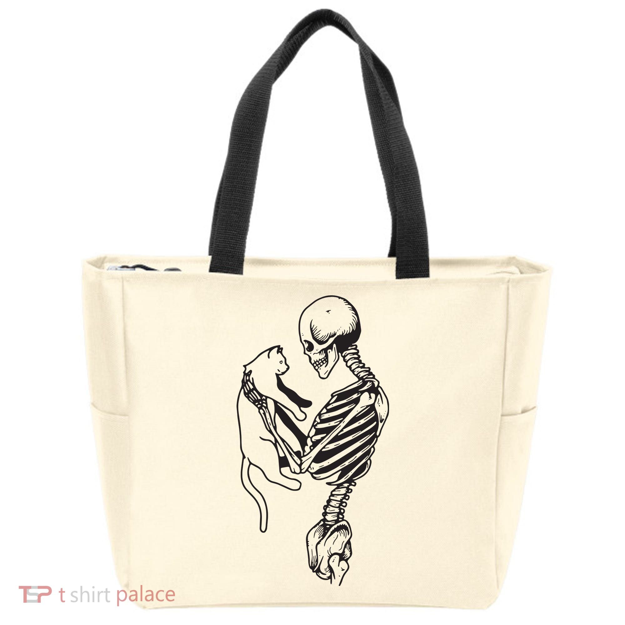 Funny Skeleton Holding A Cat, Cat Lover, Cat Mom, Halloween Tote Bag
