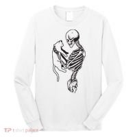 Funny Skeleton Holding A Cat, Cat Lover, Cat Mom, Halloween Long Sleeve Shirt thumb 0