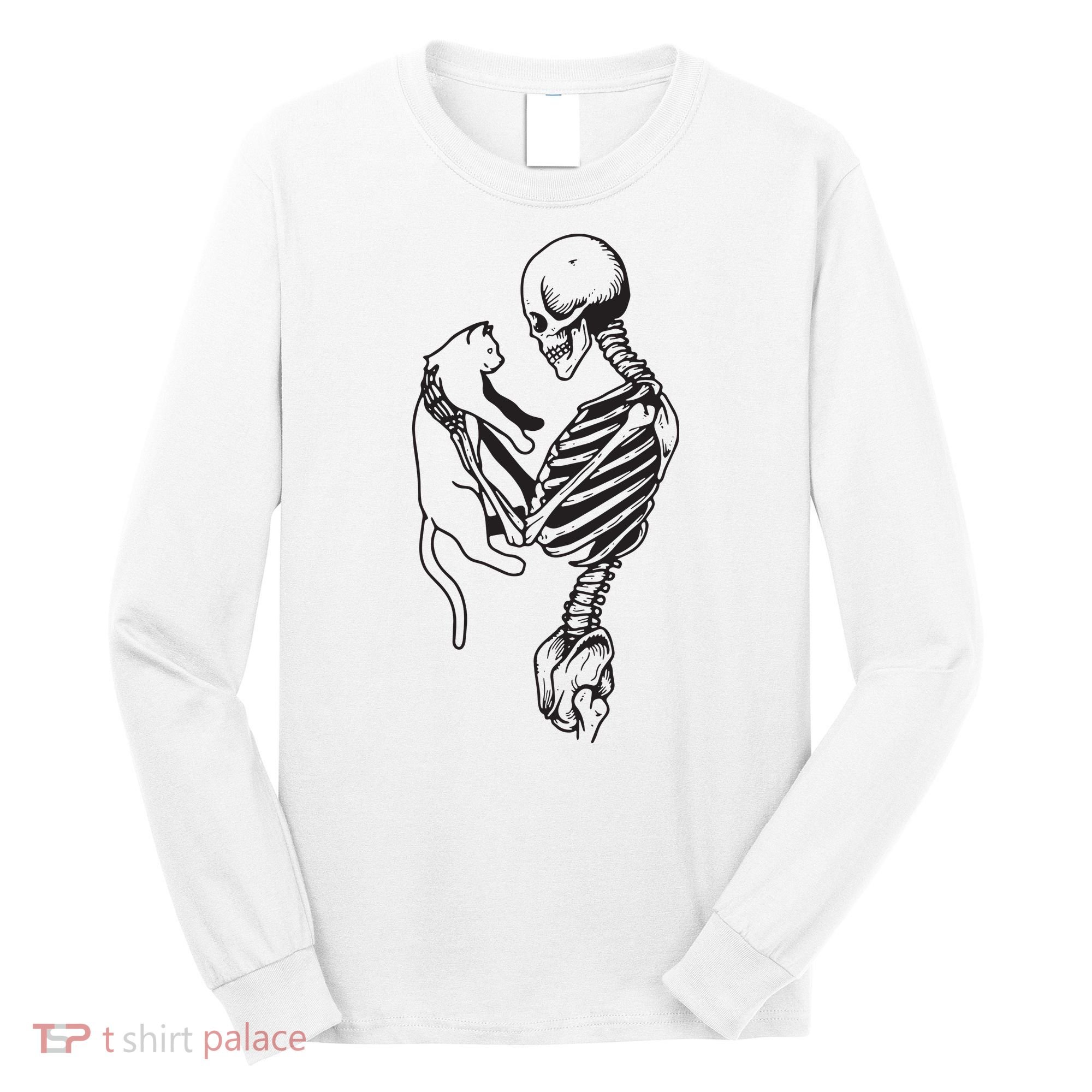 Funny Skeleton Holding A Cat, Cat Lover, Cat Mom, Halloween Long Sleeve Shirt