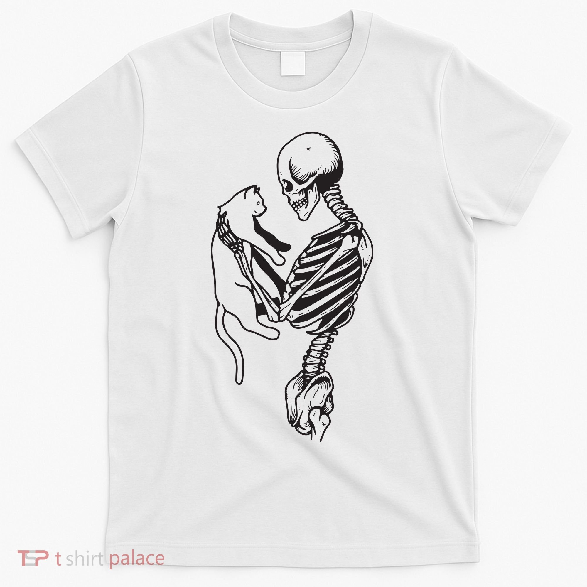 Funny Skeleton Holding A Cat, Cat Lover, Cat Mom, Halloween T-Shirt