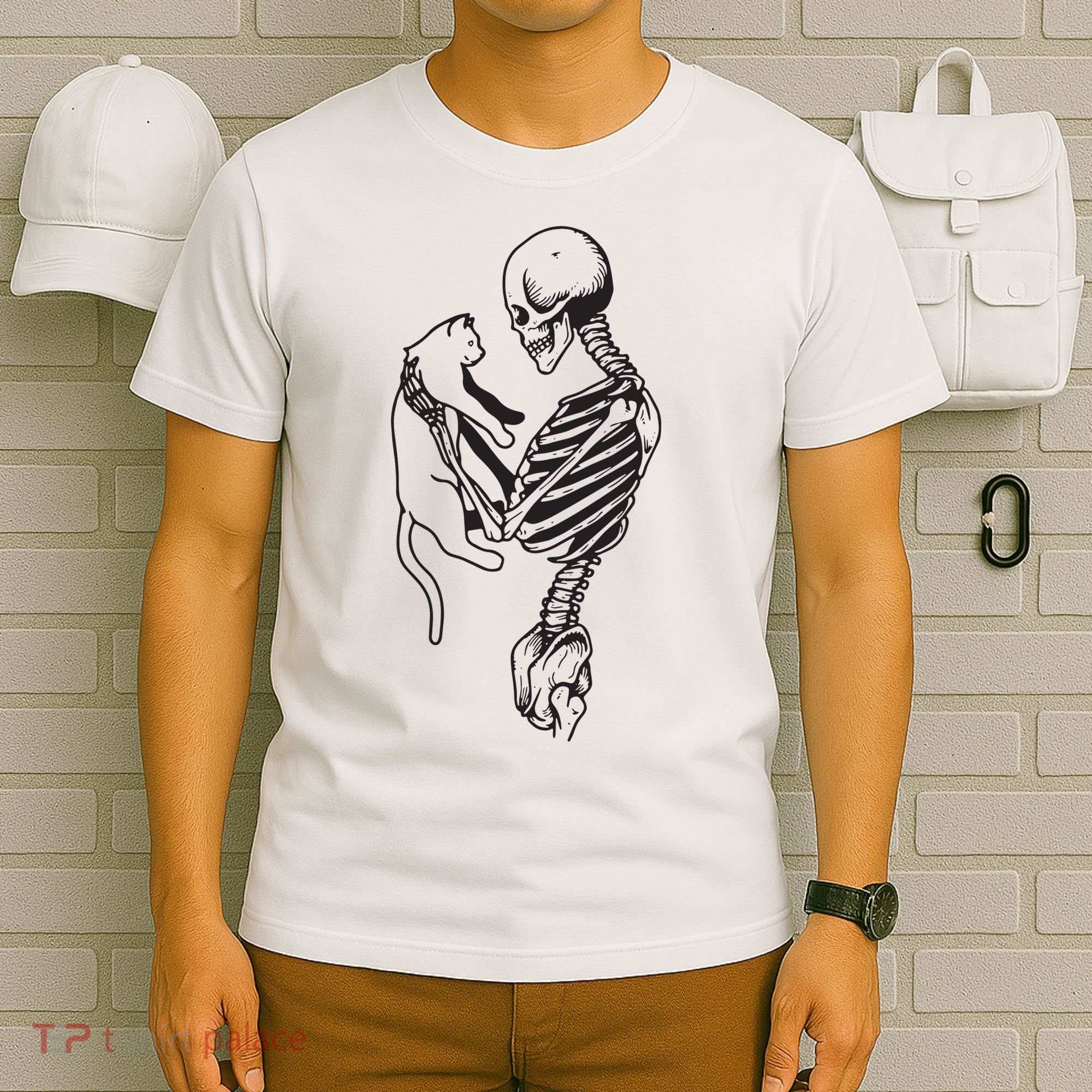 Funny Skeleton Holding A Cat, Cat Lover, Cat Mom, Halloween T-Shirt