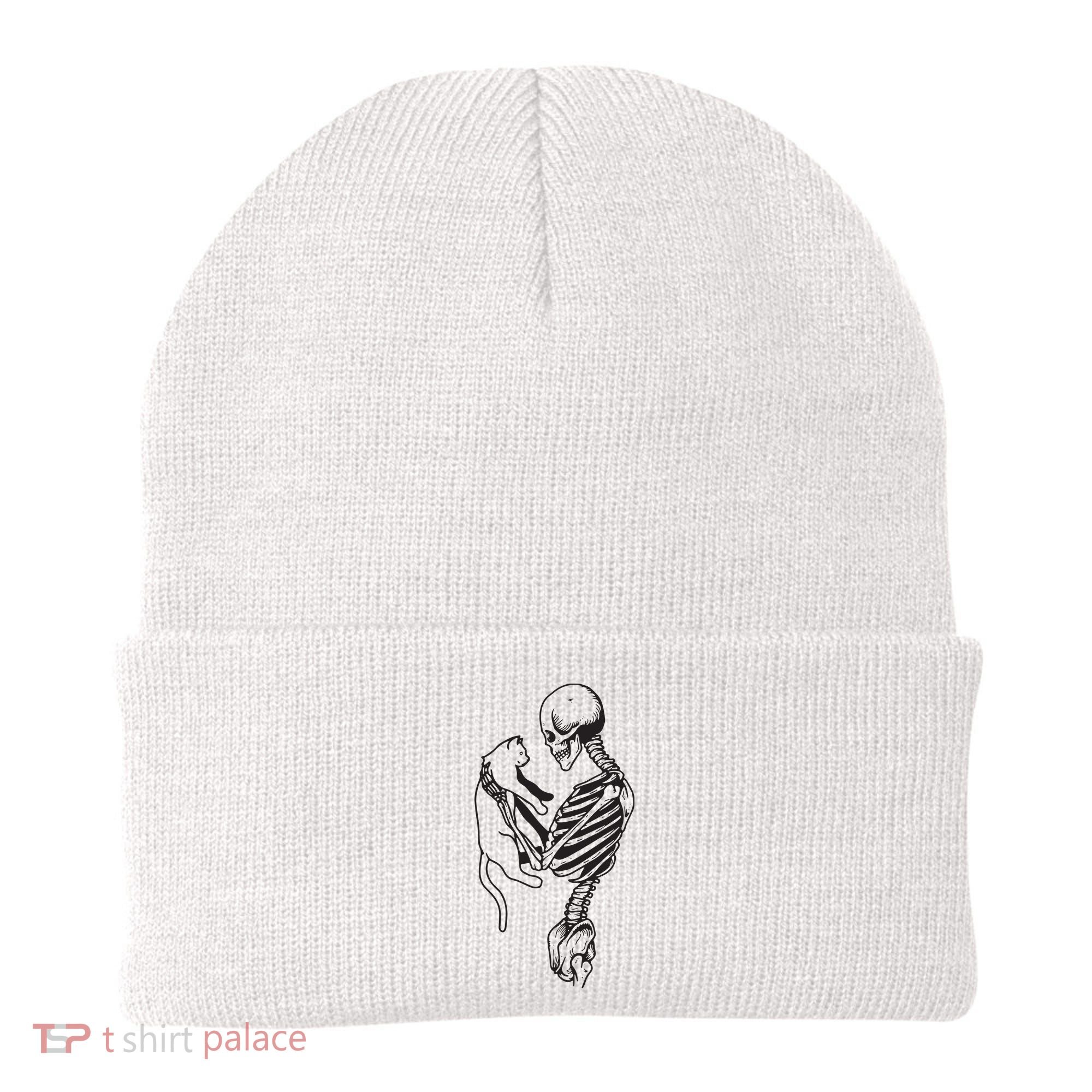 Funny Skeleton Holding A Cat, Cat Lover, Cat Mom, Halloween Beanie