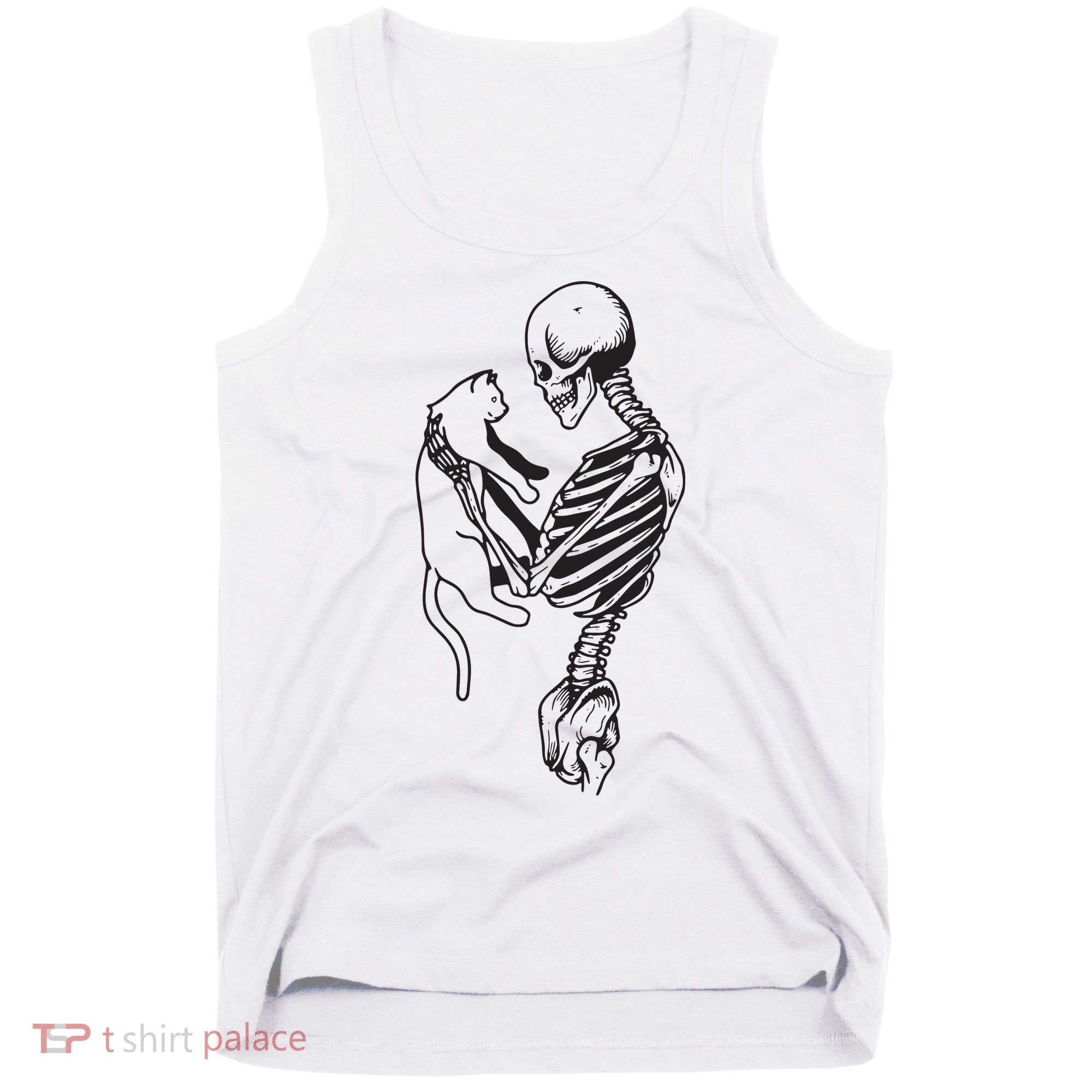 Funny Skeleton Holding A Cat, Cat Lover, Cat Mom, Halloween Tank Top
