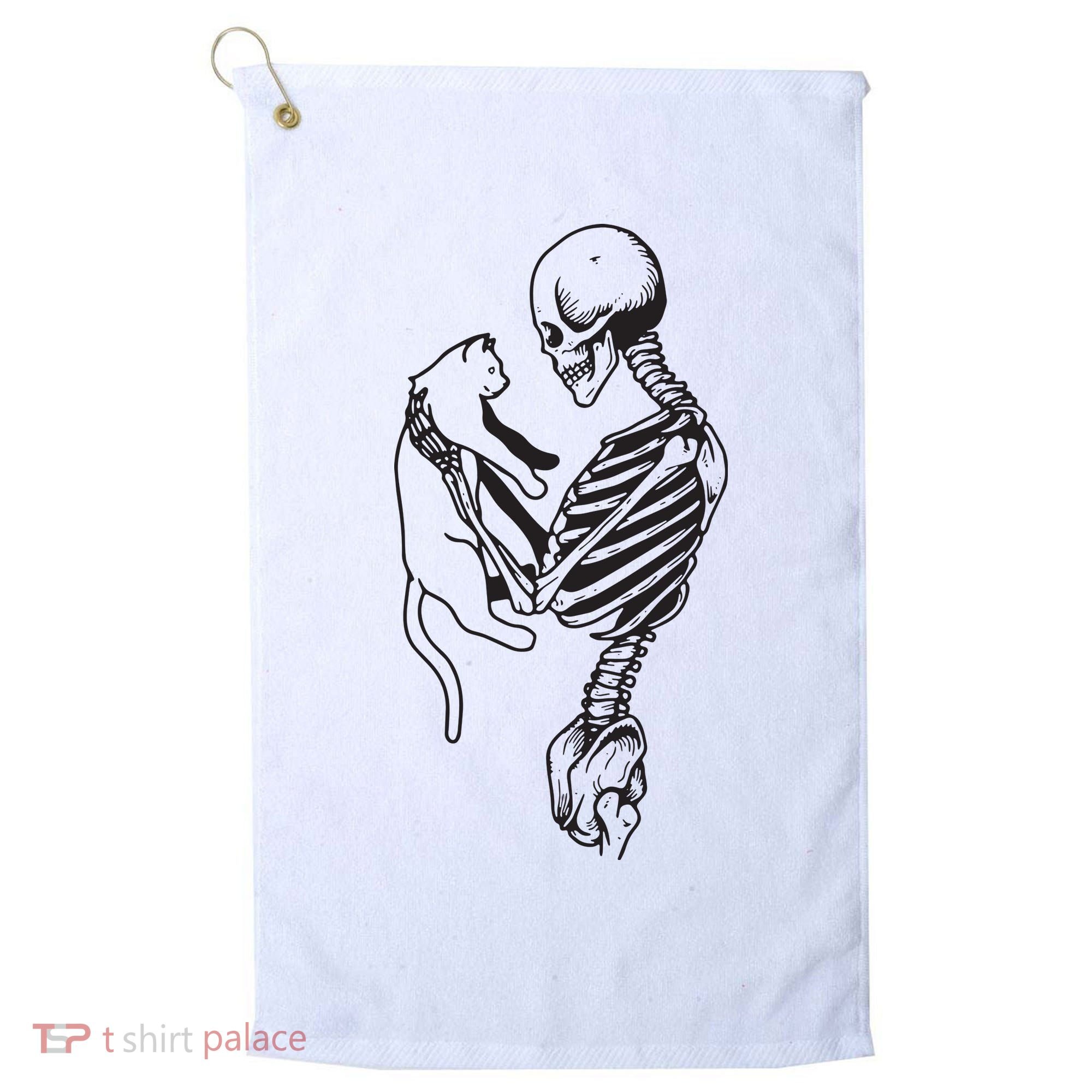Funny Skeleton Holding A Cat, Cat Lover, Cat Mom, Halloween Golf Towel