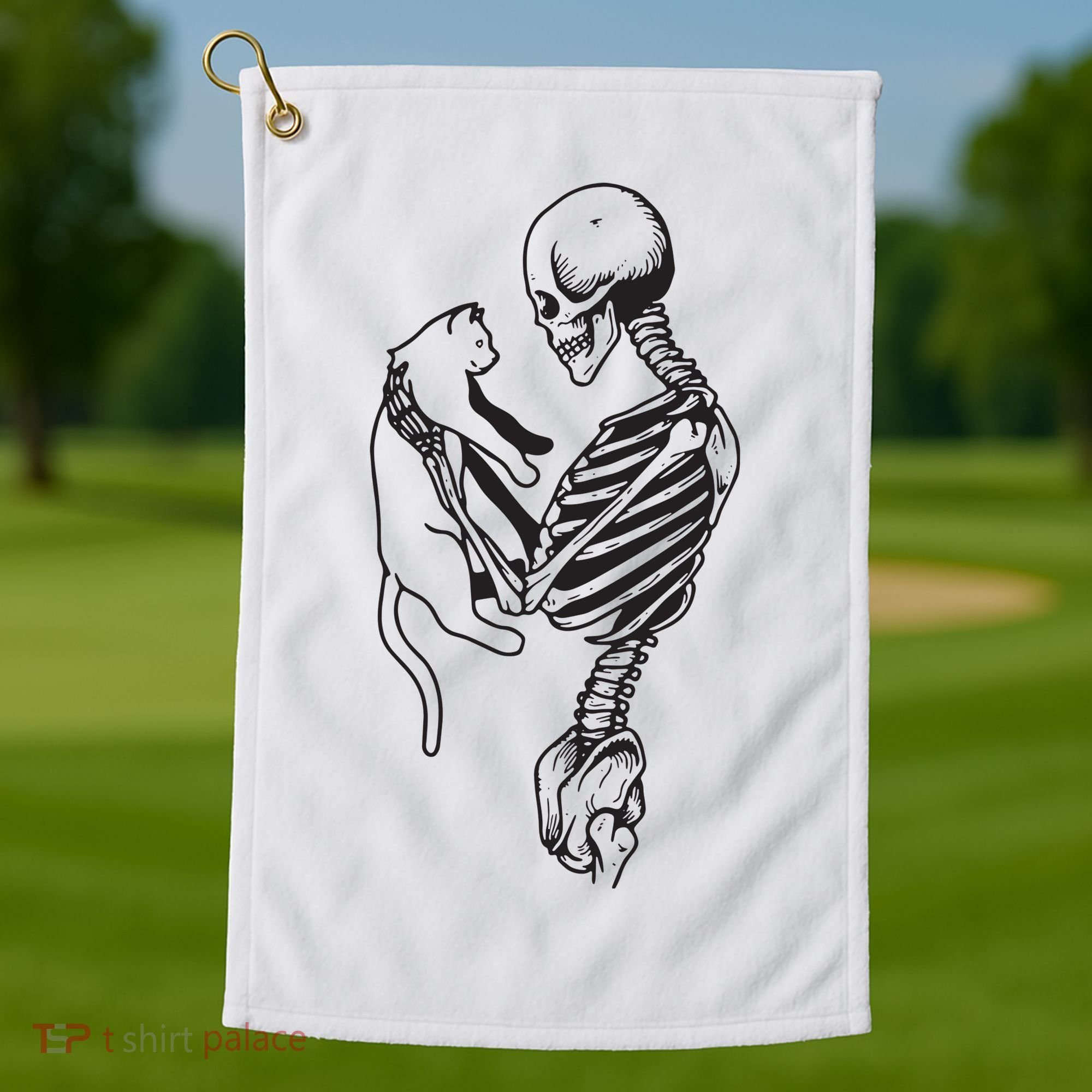 Funny Skeleton Holding A Cat, Cat Lover, Cat Mom, Halloween Golf Towel