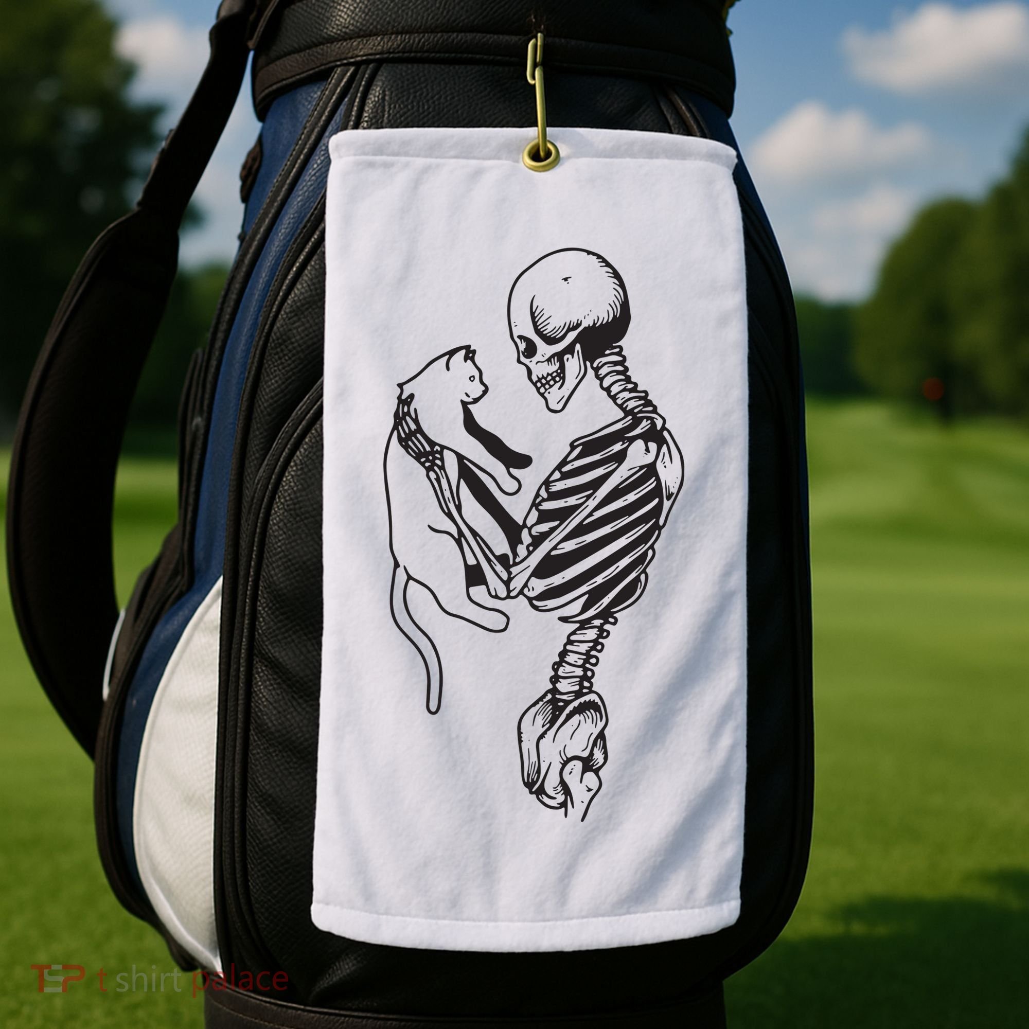 Funny Skeleton Holding A Cat, Cat Lover, Cat Mom, Halloween Golf Towel