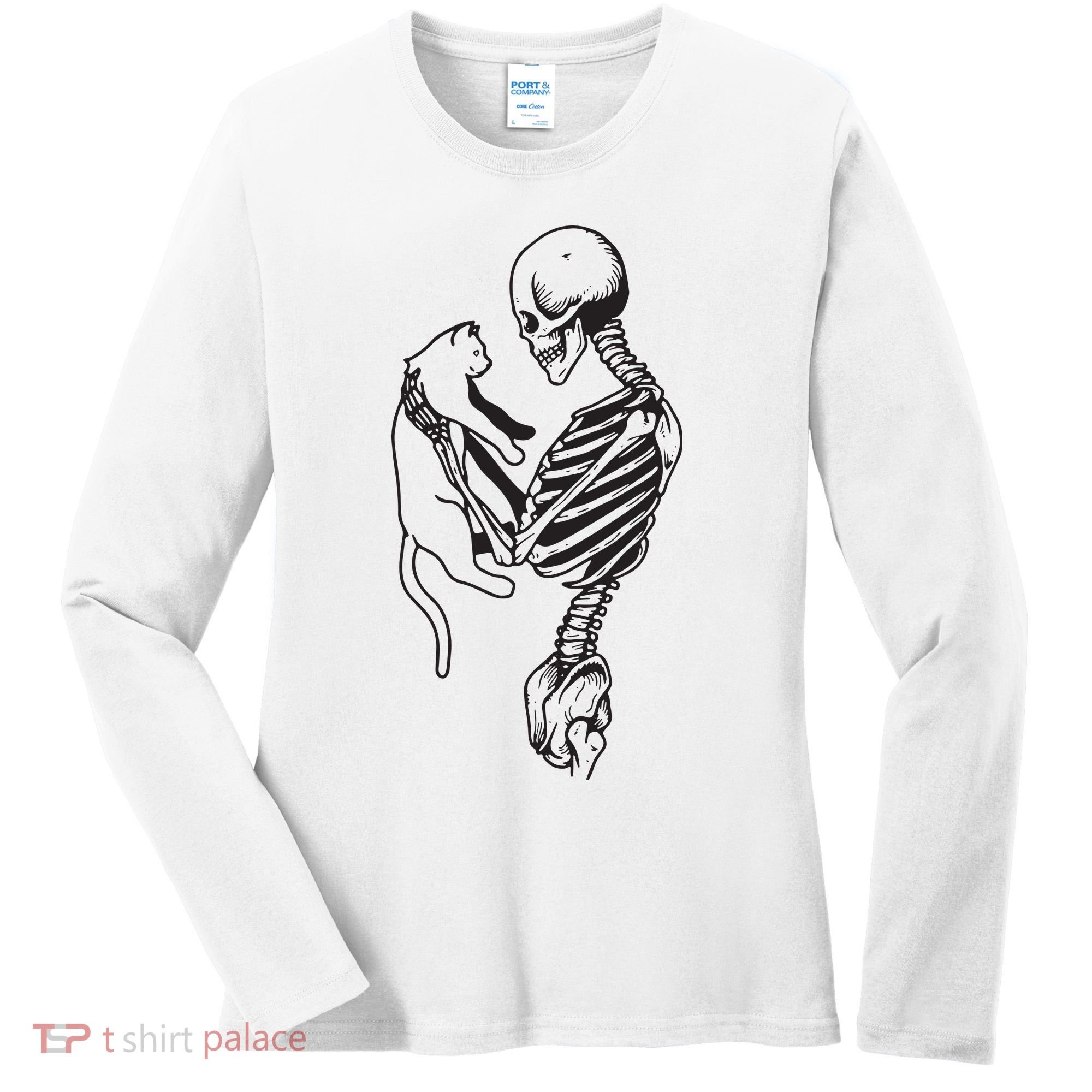 Funny Skeleton Holding A Cat, Cat Lover, Cat Mom, Halloween Women's Long Sleeve Shirt