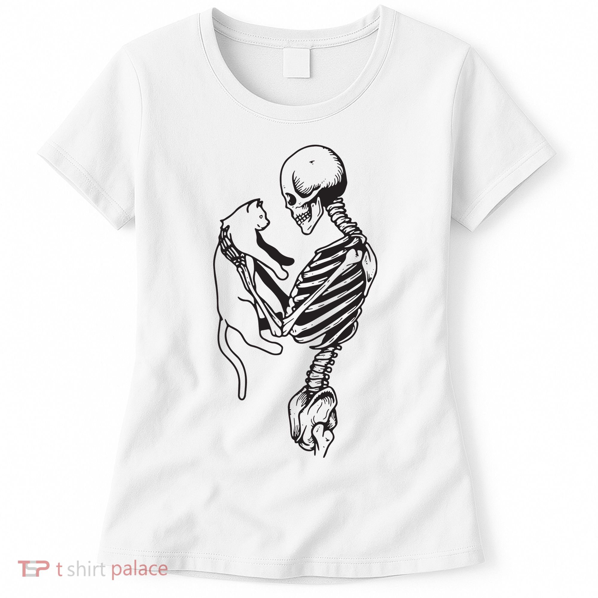Funny Skeleton Holding A Cat, Cat Lover, Cat Mom, Halloween Women's T-Shirt