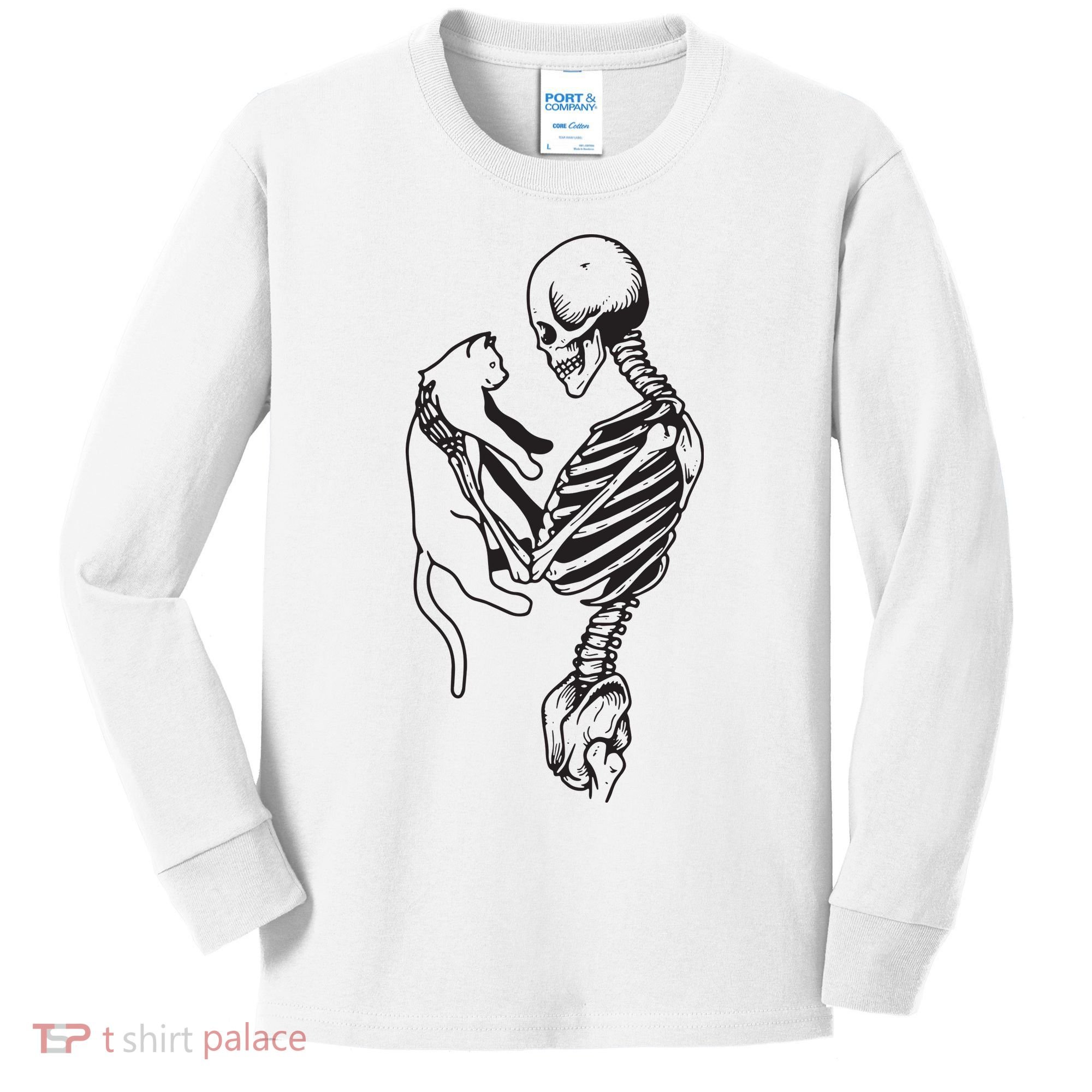 Funny Skeleton Holding A Cat, Cat Lover, Cat Mom, Halloween Kids Long Sleeve Shirt