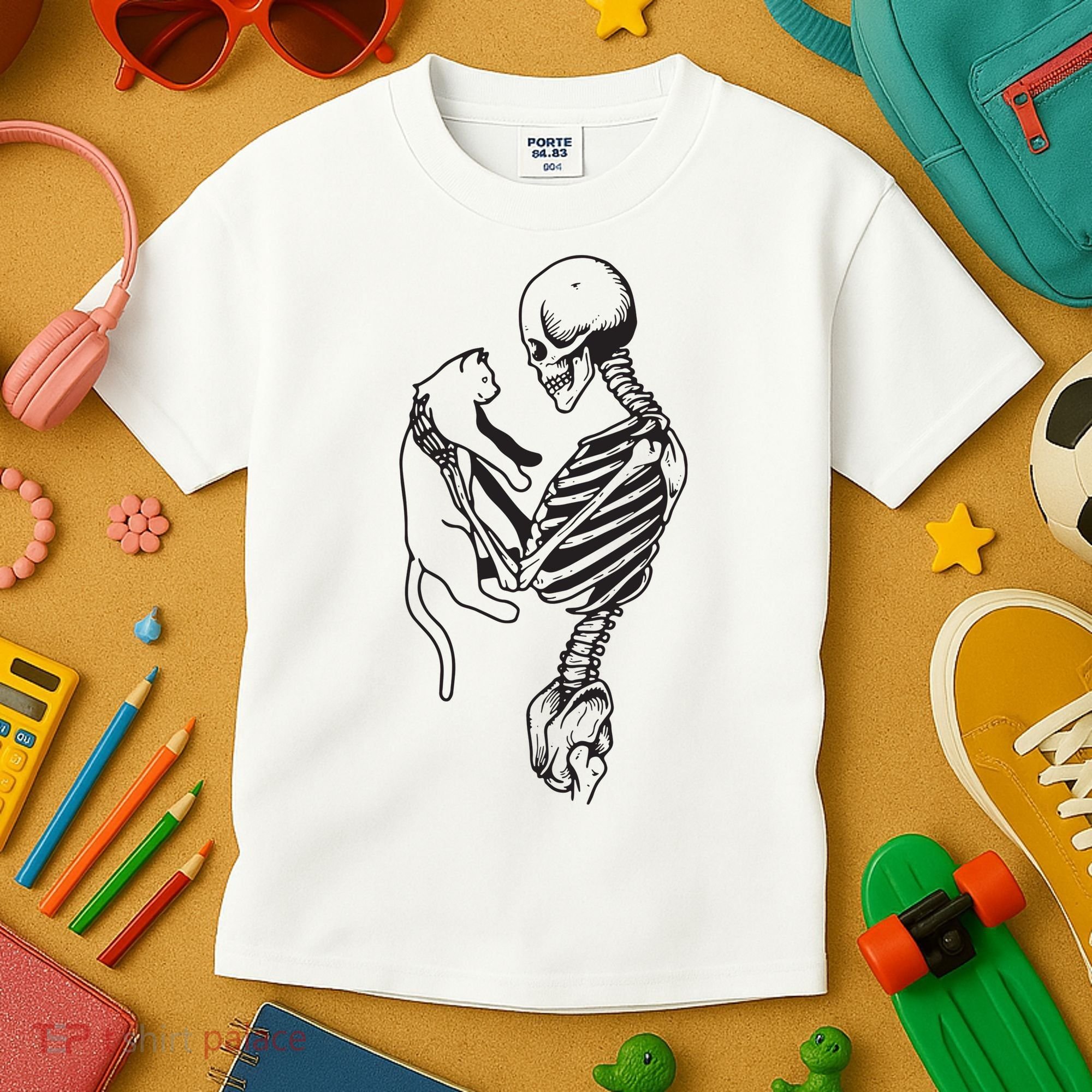 Funny Skeleton Holding A Cat, Cat Lover, Cat Mom, Halloween Kids T-Shirt