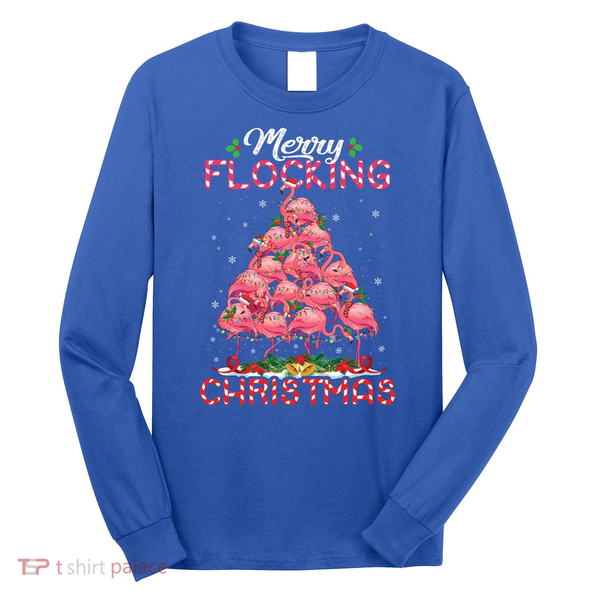 Flamingo Santa Hat Reindeer Xmas Merry Flocking Christmas Gift Long Sleeve Shirt